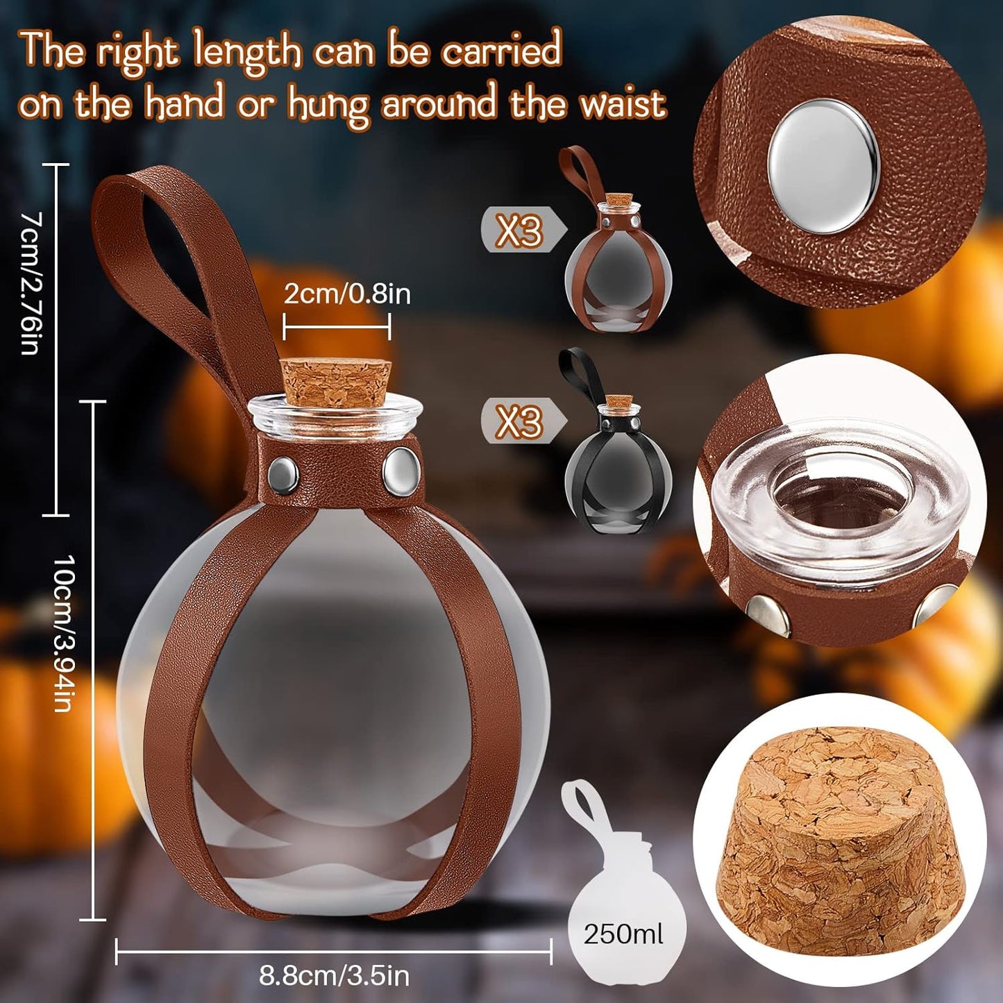 Patelai 6 Pcs Halloween Glass Potion Bottles with Belt Cork Renaissance Witch Costume Accessories Witch Props Potion Bottle for Halloween Party Decor Cosplay DIY Crafts Gift (Black,Brown)