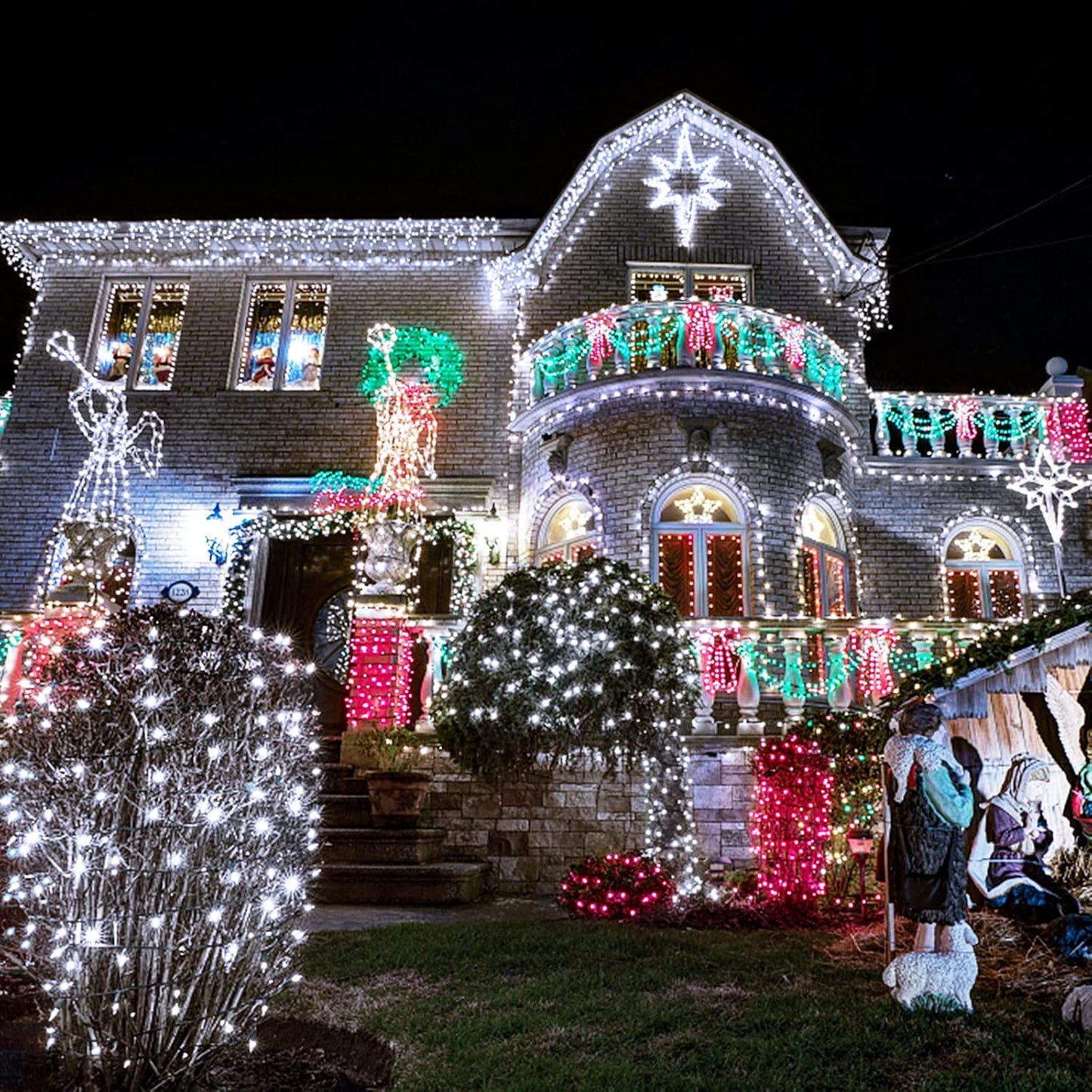 JMEXSUSS 500 LED White Christmas Lights Outdoor Indoor, Green Wire Christmas Tree Lights Plug in, 8 Modes Waterproof White String Lights for Xmas Wedding Party Garden