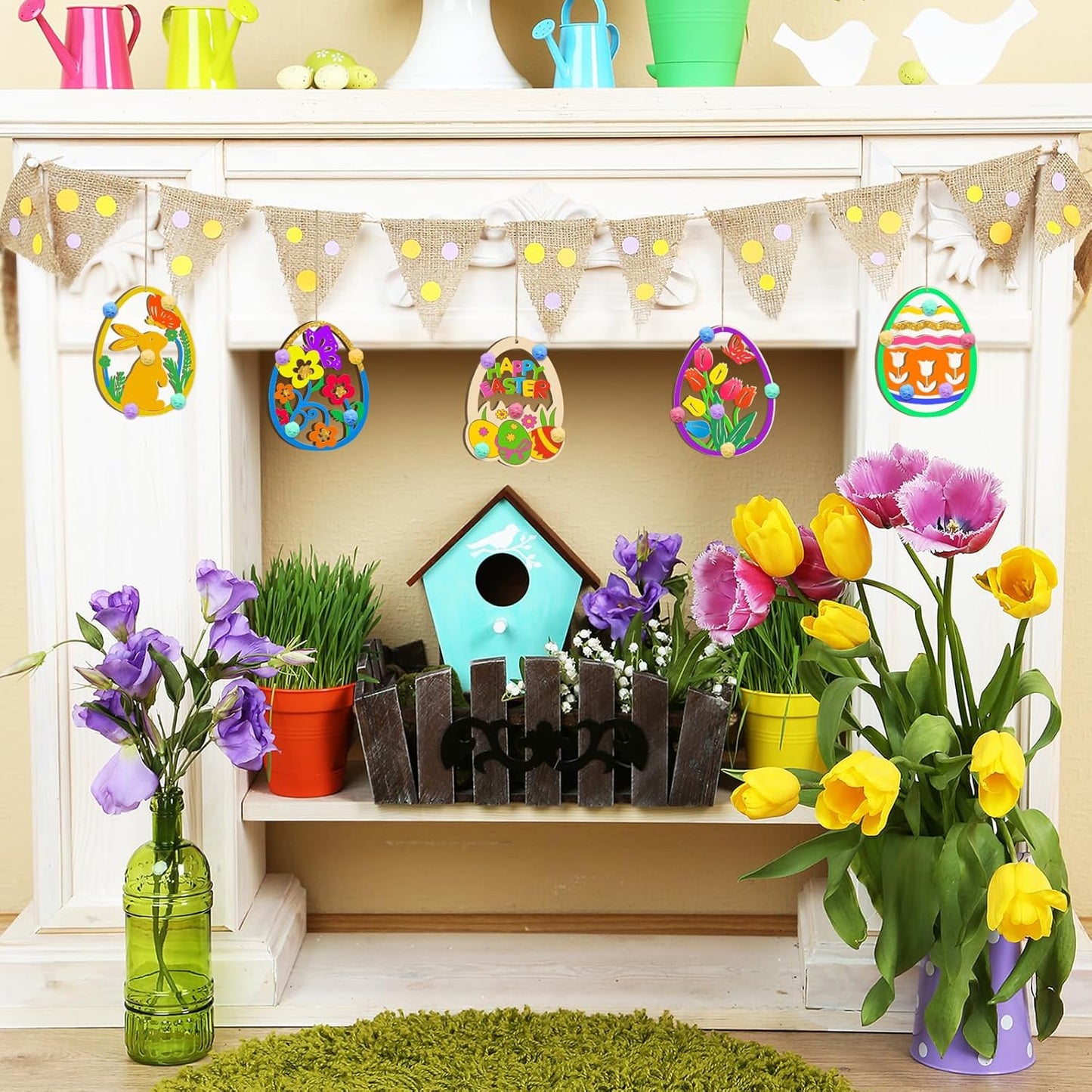 80PCS Wooden Easter Ornaments to Paint, 10 Styles DIY Blank Unfinished Wood Egg Cutouts Ornament for Crafts Hanging Decorations Happy Easter Hallow Egg Rabbit Bunny Butterfly Flower Hen