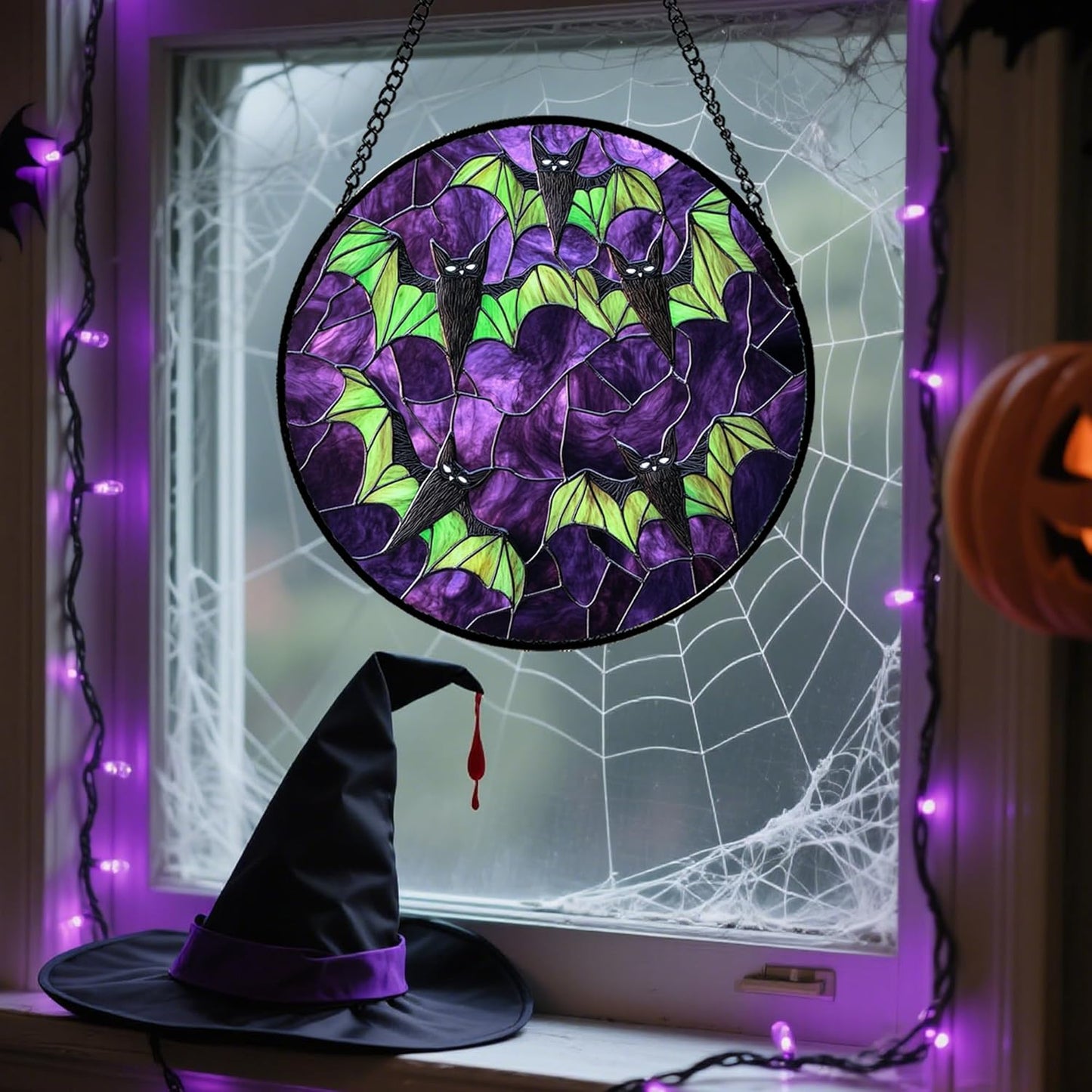 Stained Glass Window Hanging - Halloween Decorations Black Bat with Green Wings Suncatcher for Doors Garden Indoor Spooky Sun Catchers Gothic Decor Horror Gifts for Women Men Friend 9.8 in