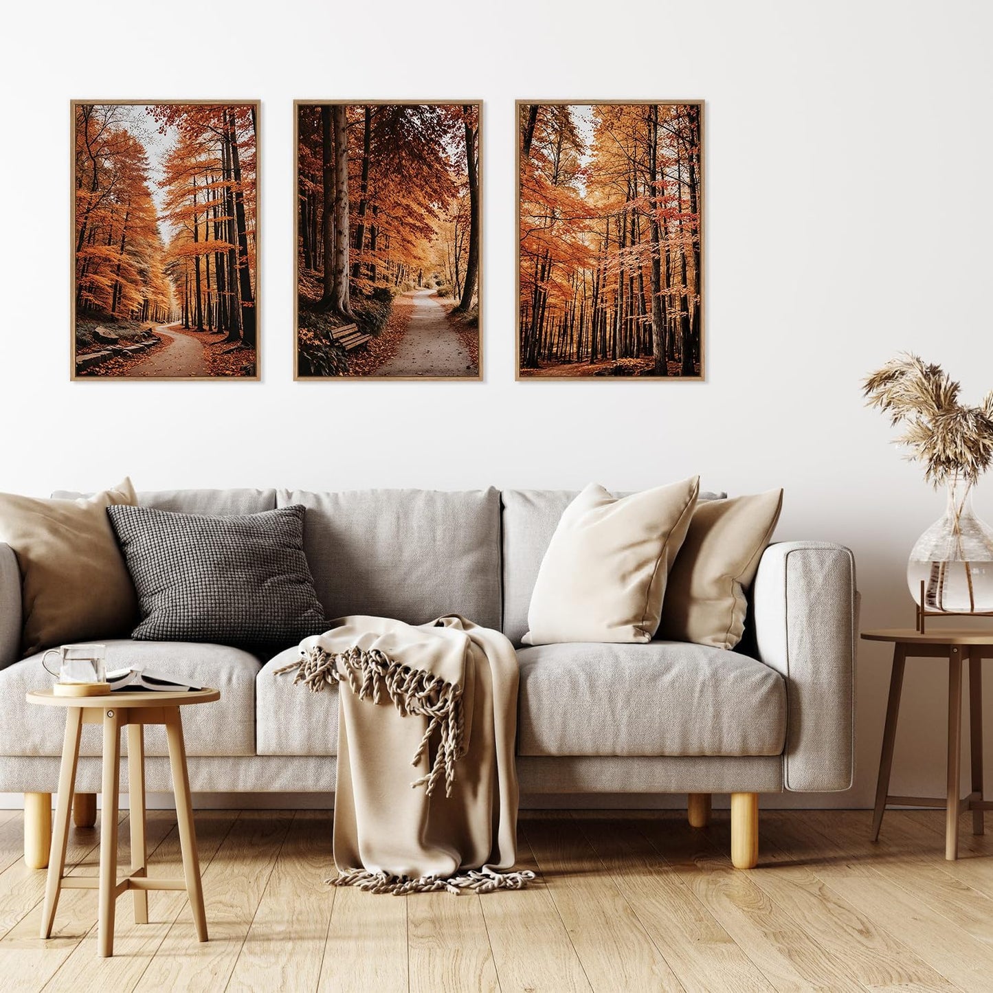 HLNIUC Autumn Forest Framed Canvas Wall Art,Fall Nature Pictures Wall Decor Set of 3(16”x24”) Large Maple Trees Trail Scenery Wall Painting,Modern Fall Landscape Art Print for Living Room,Bedroom