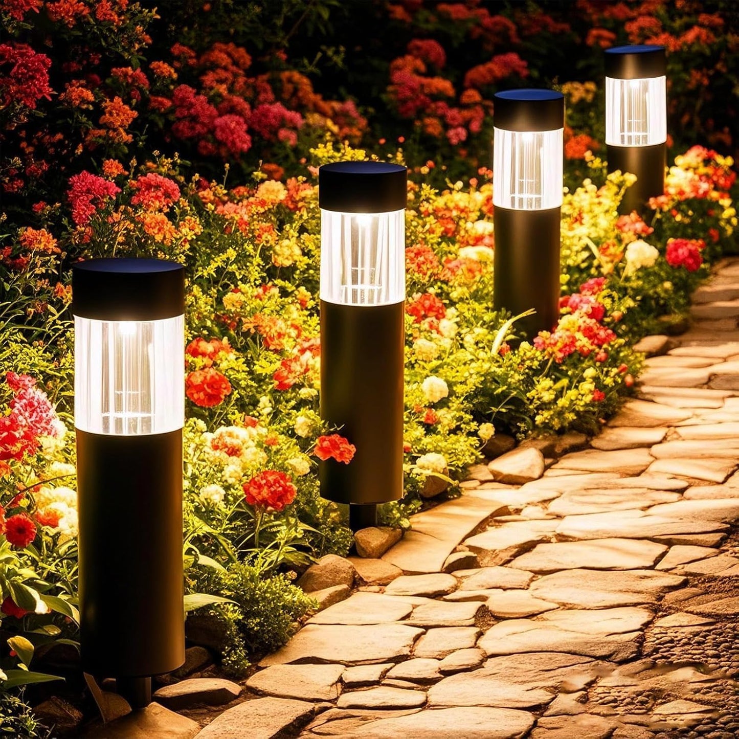 Solar Lights Outdoor Waterproof 4 Pack, Bright 35LM 3000K Warm White LED Pathway Lights, IP65 Auto On/Off Wireless Stake Lamps, Decorative Outdoor Path Lighting for Entryway, Poolside, Front Porch