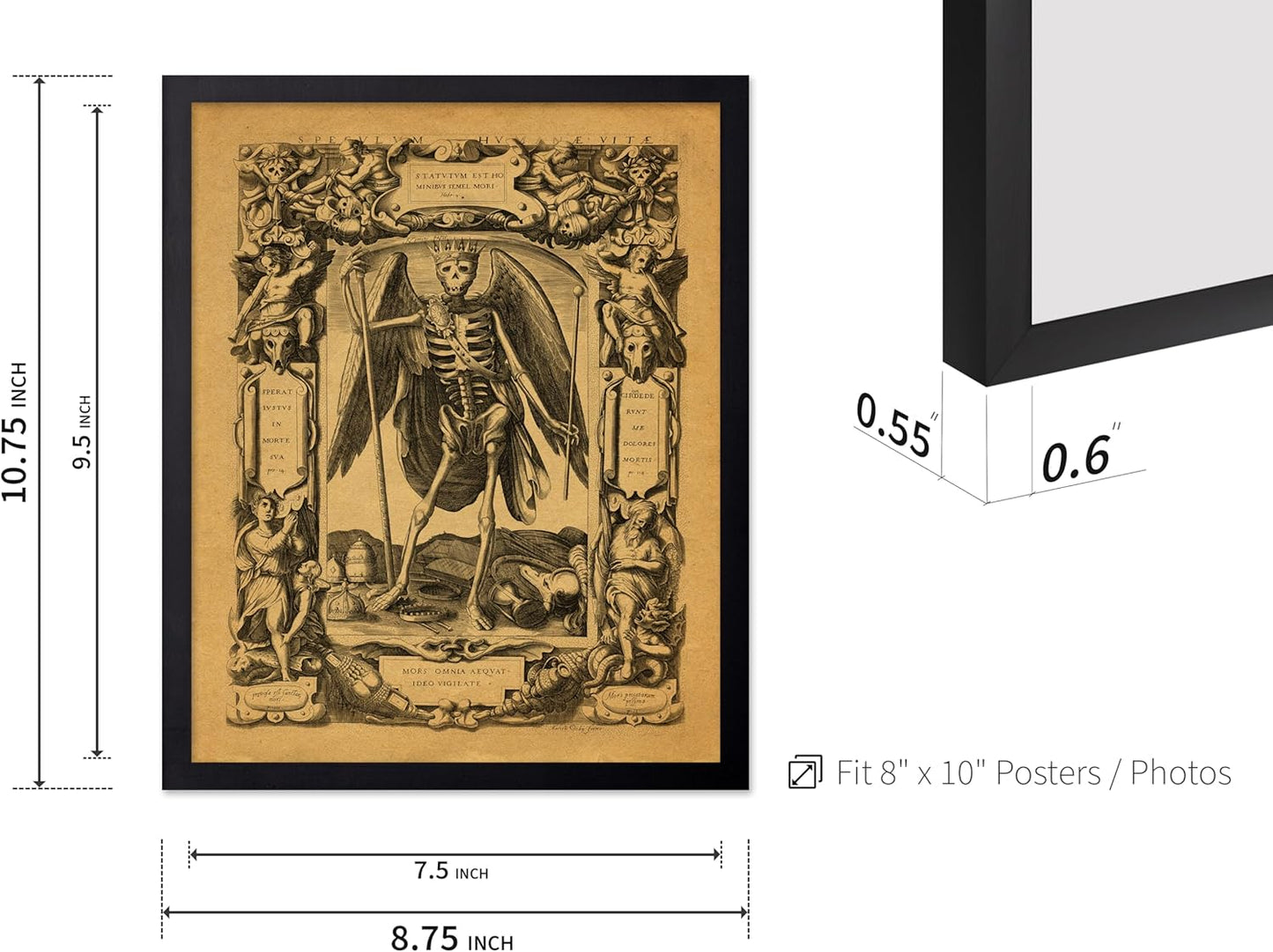 Poster Master Vintage Medieval Poster - Retro Gothic Print - Gift for Artist, Friend - Angel of Death, Memento Mori, Life, Skeleton, Dark - Wall Decor for Home, Living Room, 8x10 Black Framed