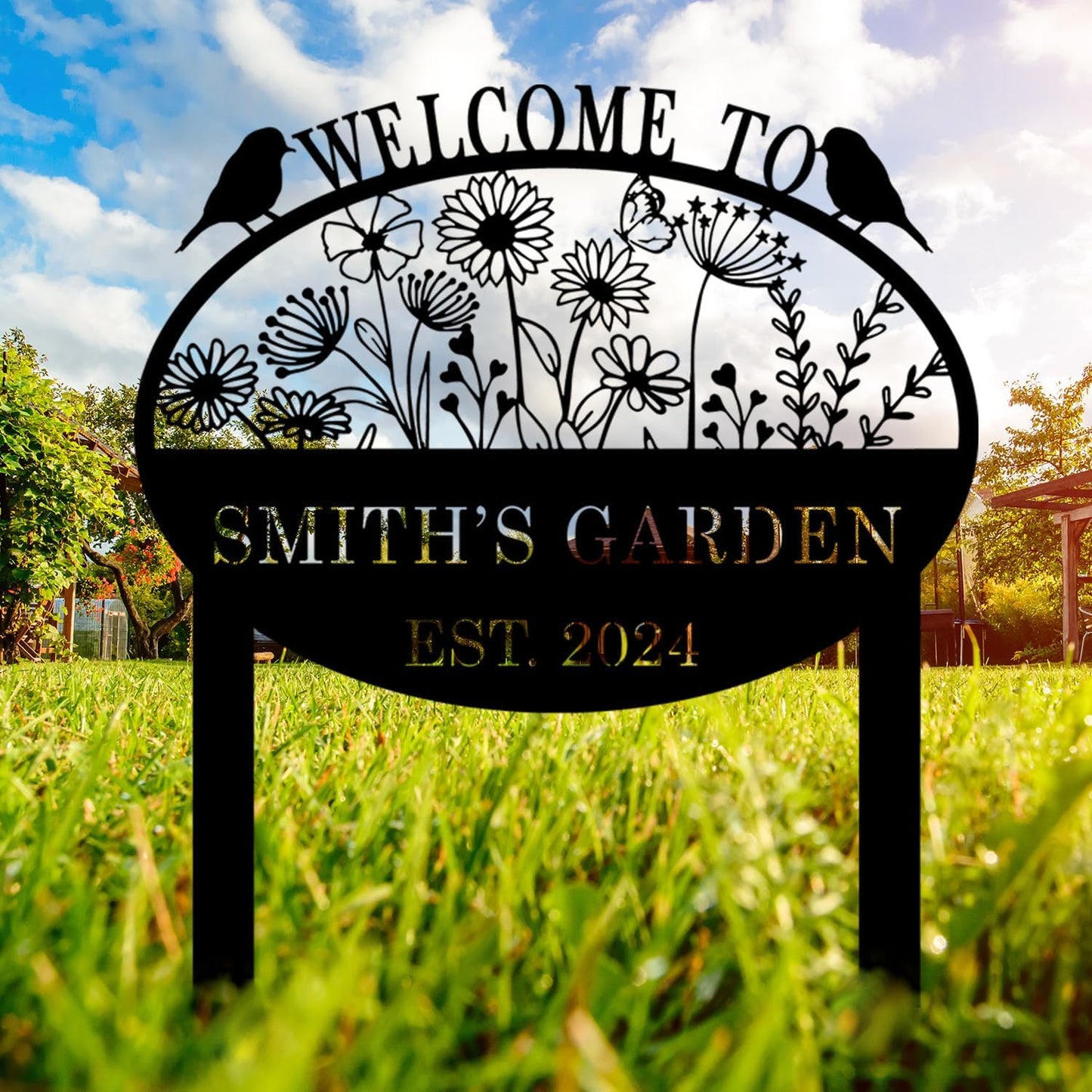 Custom Metal Flower Sign with Stakes - Personalized Garden Decor, Housewarming Gift - Large Yard Sign Plaque