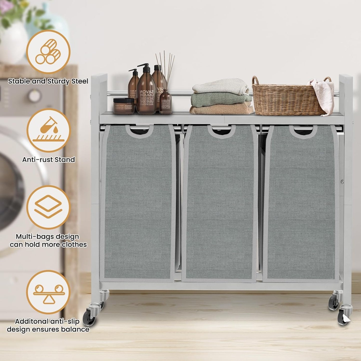 Laundry Hamper, Laundry Basket, Laundry Sorter with 3 Removable Bags, Clothes Basket with 3 Compartments, Wheels, Shelf for Laundry Room Bathroom Bedroom (3 Bags-Gray)