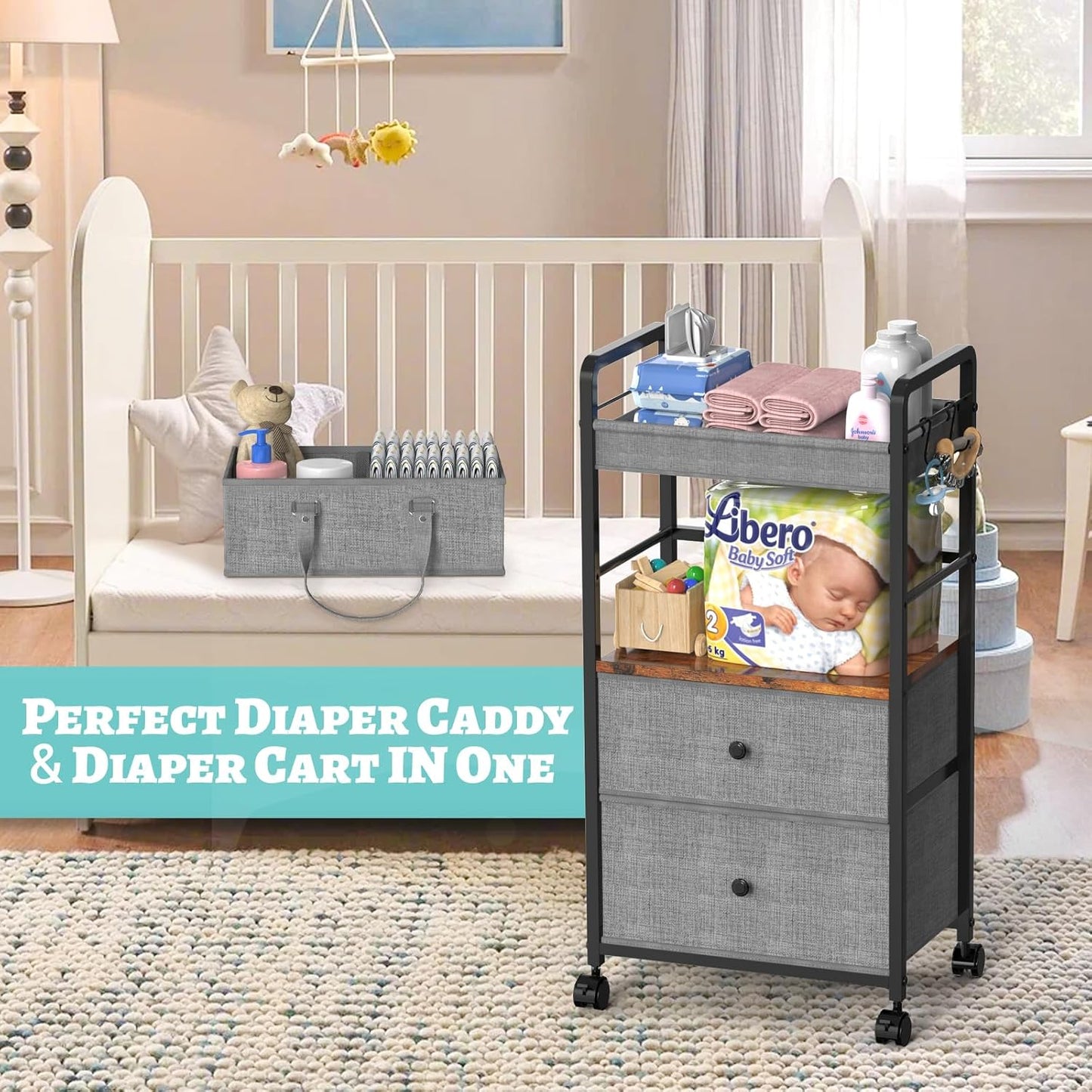 2IN1 Baby Diaper Caddy Organizer & 4-Tier Rolling Cart, Bedside Cart for Baby Essentials Nursery With Drawers, Metal Mobile Diaper Caddy Cart with Wheels, Storage Basket with Dividers for Baby Shower