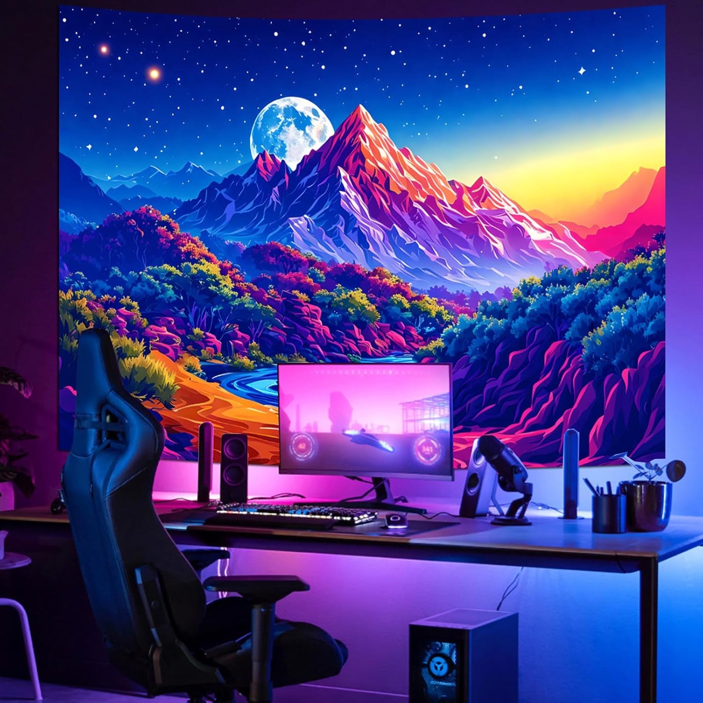 SparkLia Blacklight Sunset Mountain Tapestry – UV Reactive Forest Lake Wall Hanging, Neon Glow in the Dark Starry Sky Moon Nature Landscape for Bedroom, Living Room & Dorm Decor – 59.1" x 80"