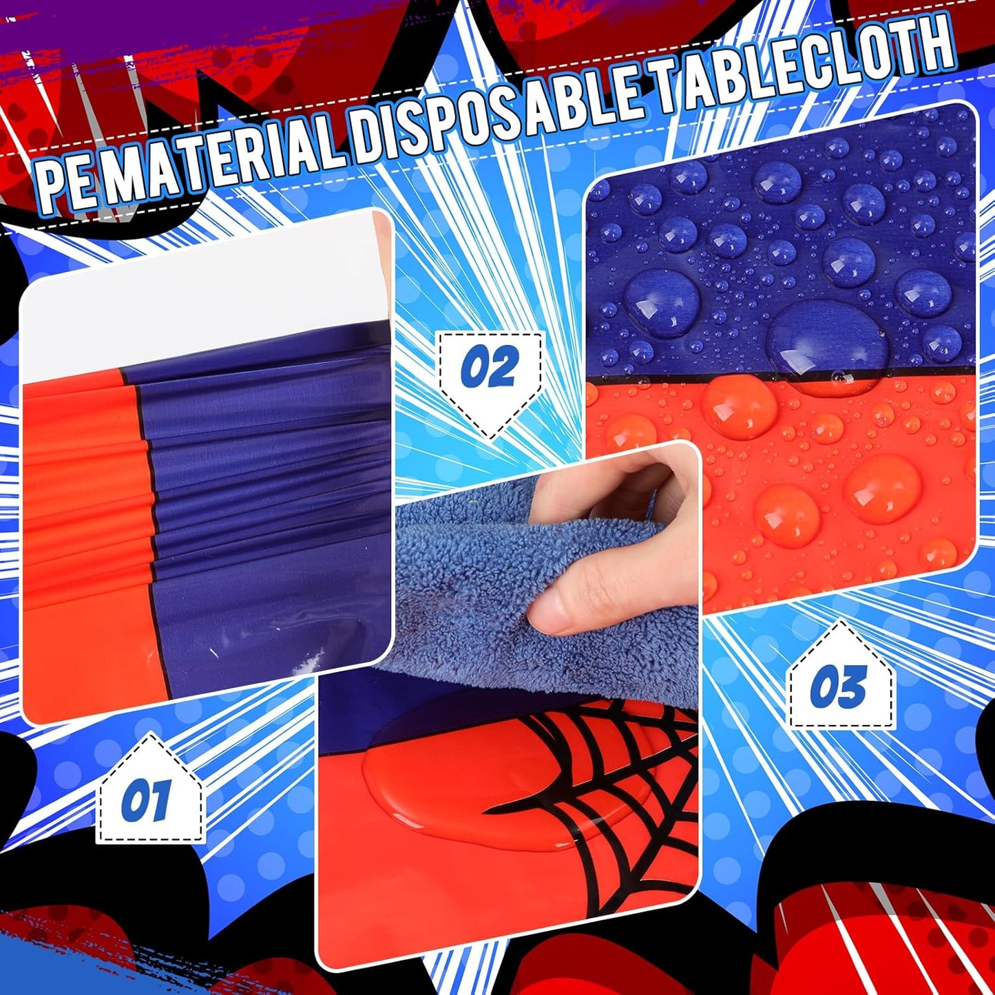 Oudain 3 Pack Spider Theme Birthday Decorations Halloween Purple Black Red Pink Green Web Ghost Bat Tablecloth Cartoon Table Cover Party Favor for Birthday (Black,Red,Spider)