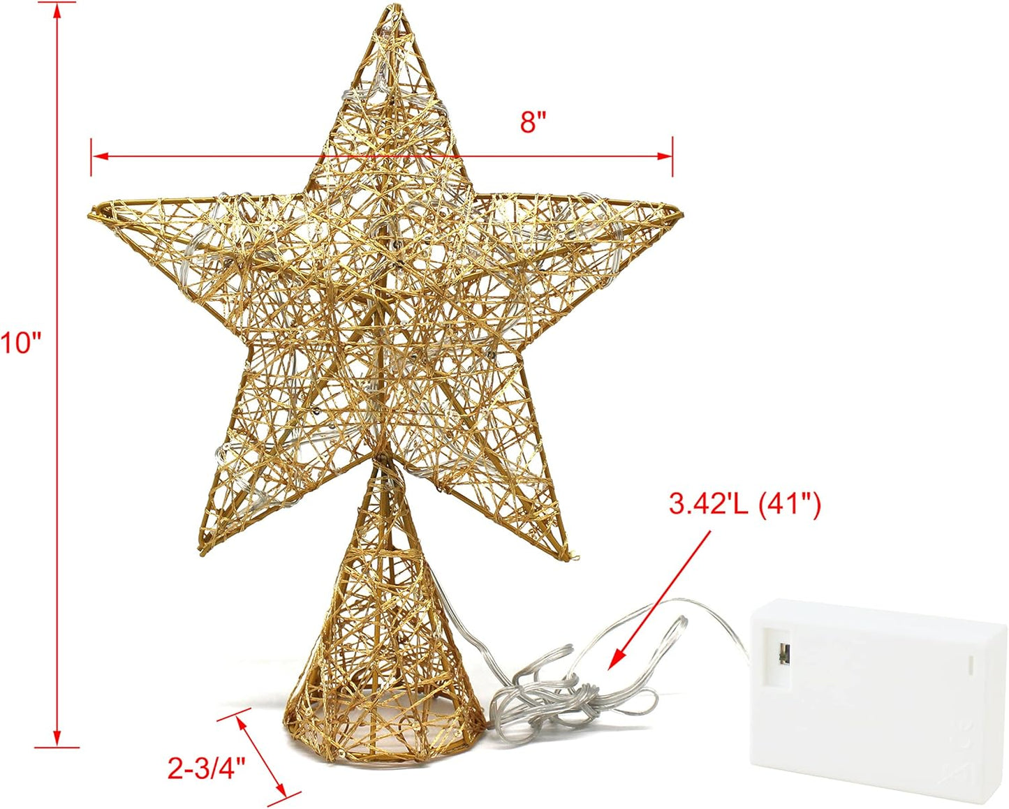 CVHOMEDECO. Gold Tree Top Star with Warm White LED Lights and Timer for Christmas Ornaments and Holiday Seasonal Décor, 8 x 10 Inch