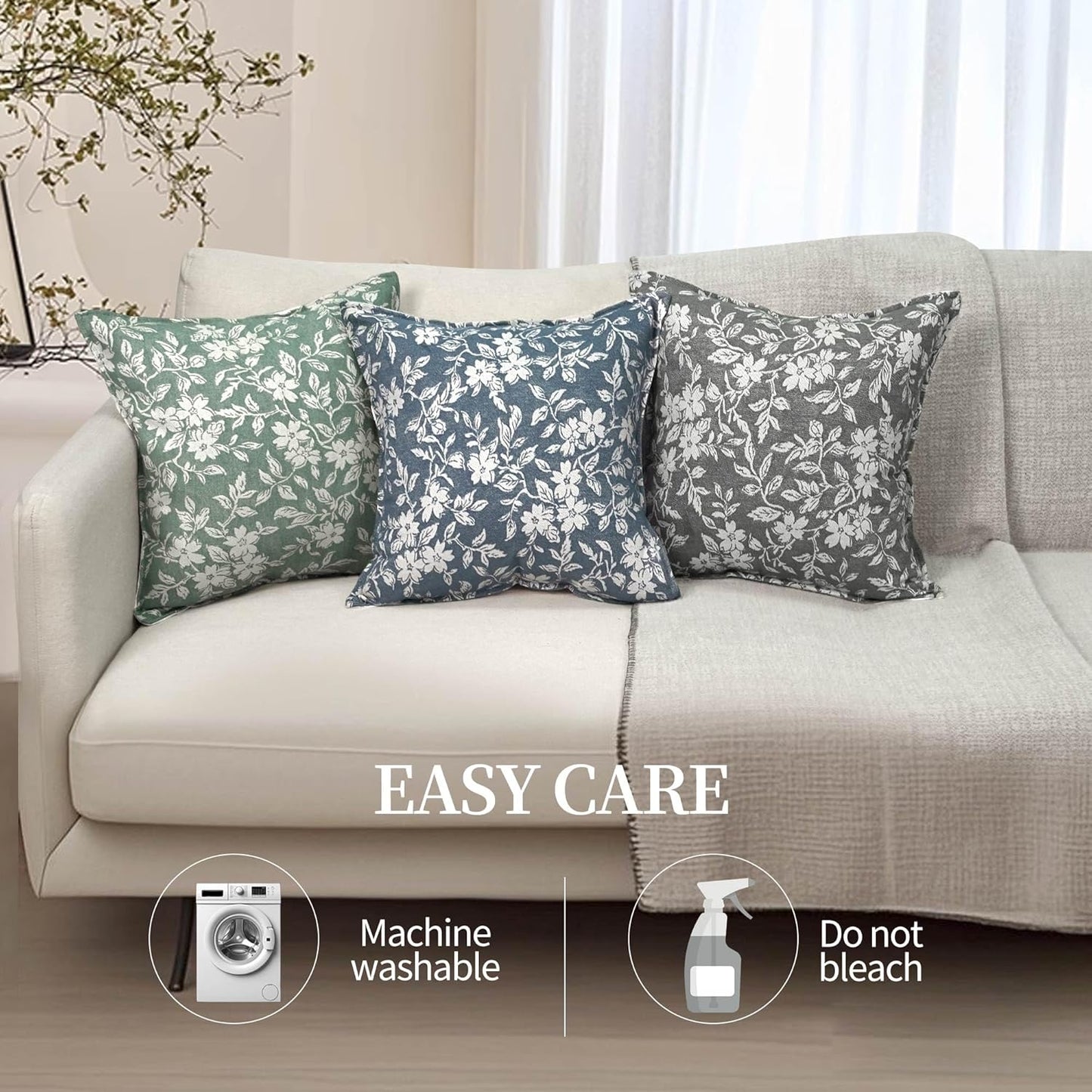 makkey Floral Pillow Covers 18x18 Inch Set of 2 Pastoral Throw Pillow Covers Jacquard Pillowcovers Couch Pillows for Living Room Farmhouse Accent Sofa Pillows