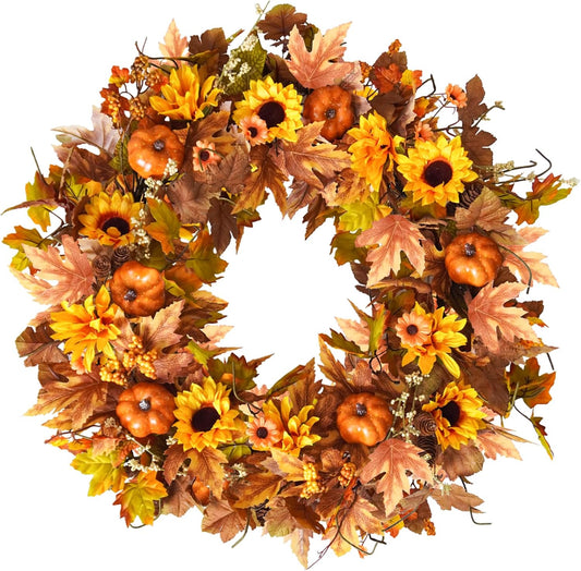 Uieke 28 Inch Fall Wreath for Front Door Outside Large Artificial Autumn Wreath with Orange Sunflowers Maple Leaves Pumpkins Fall Decoration for Home Farmhouse Door Wreath for Harvest Thanksgiving