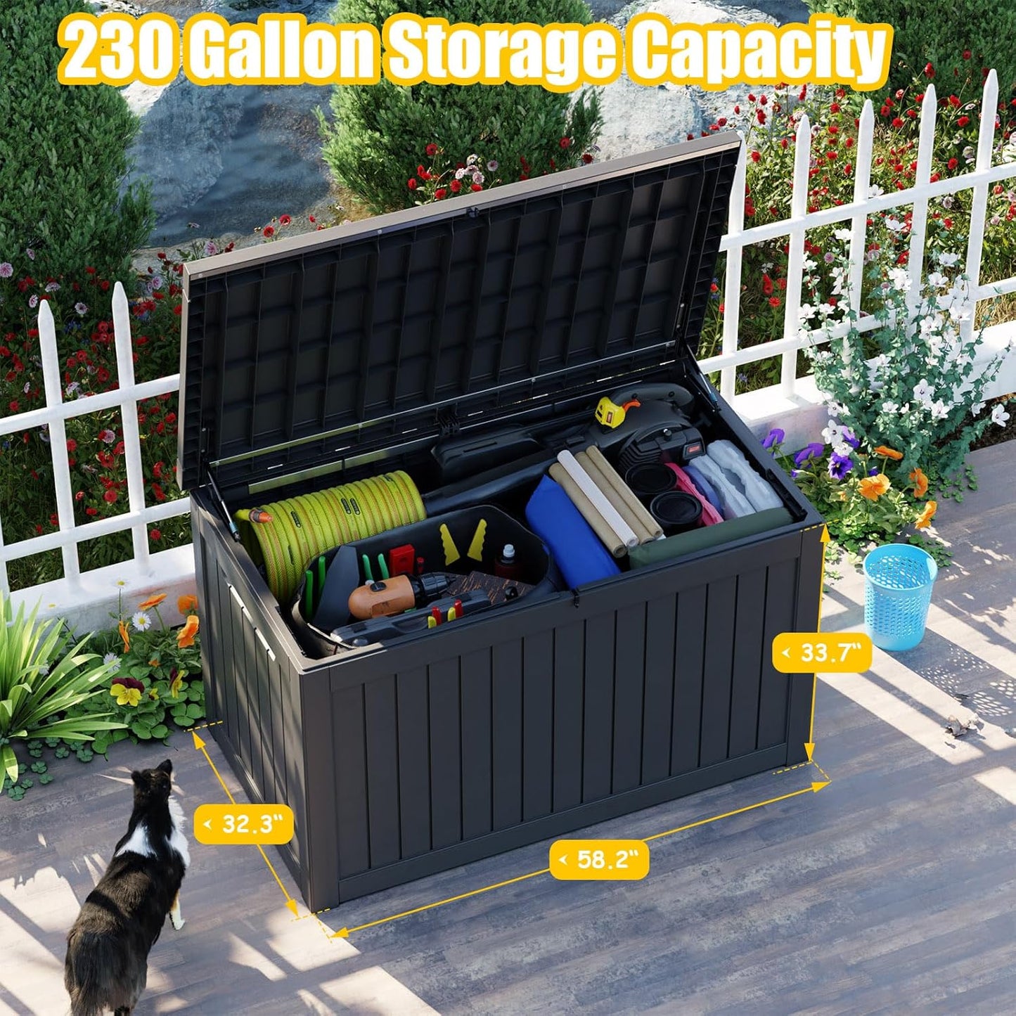 XXL 230 Gallon Large Resin Deck Box, Lockable Outdoor Storage Box for Patio Cushions Storage Furniture,Garden Tools, Pool Supplies, Weatherproof and UV Resistant- Black (230 Gallon)