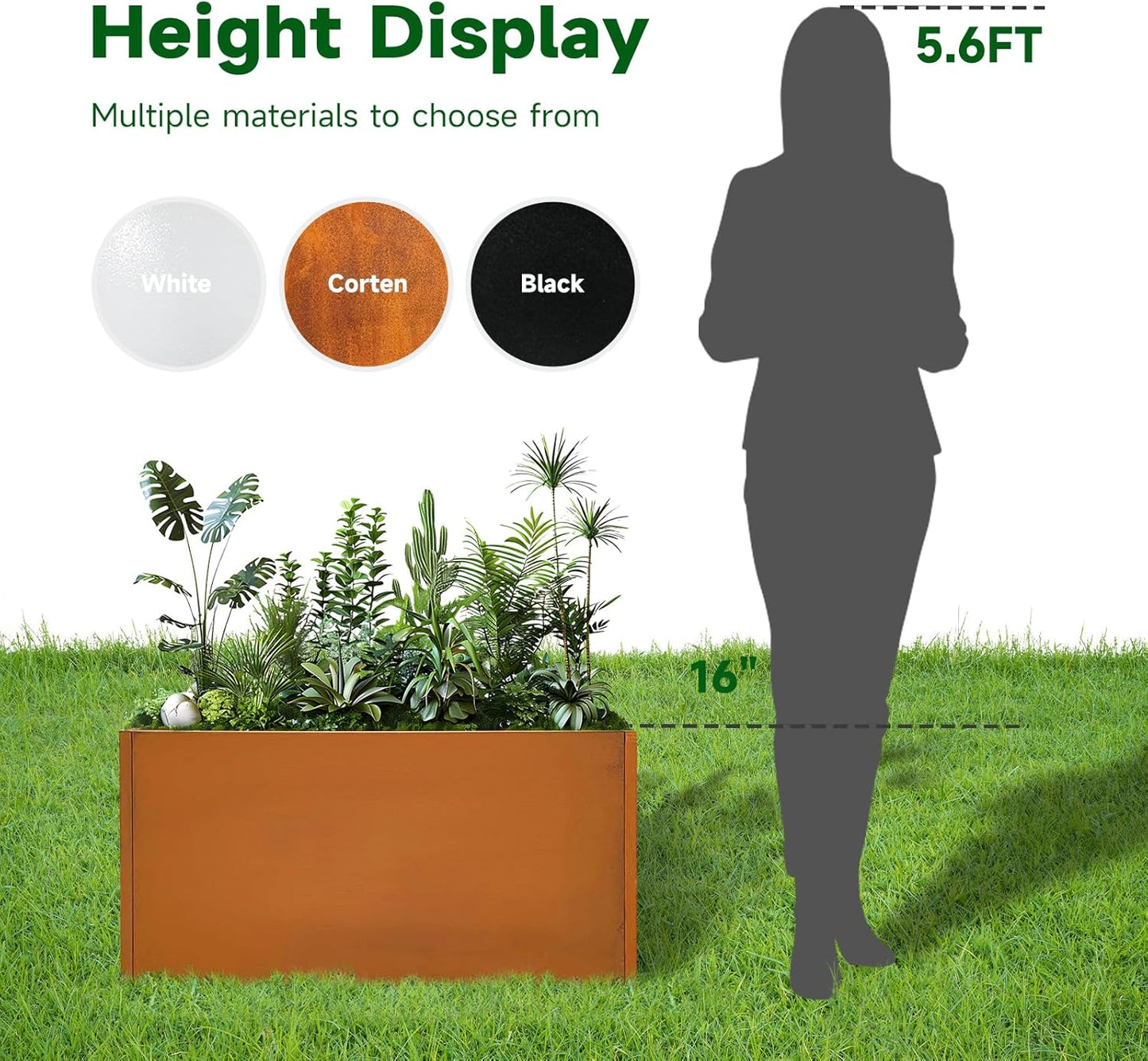 Corten Steel Corner Metal Planter Box Garden Steel Planter Pot for Patio Modern Farmhouse Rustic Design (L36 x W12 x D16, Rusted)