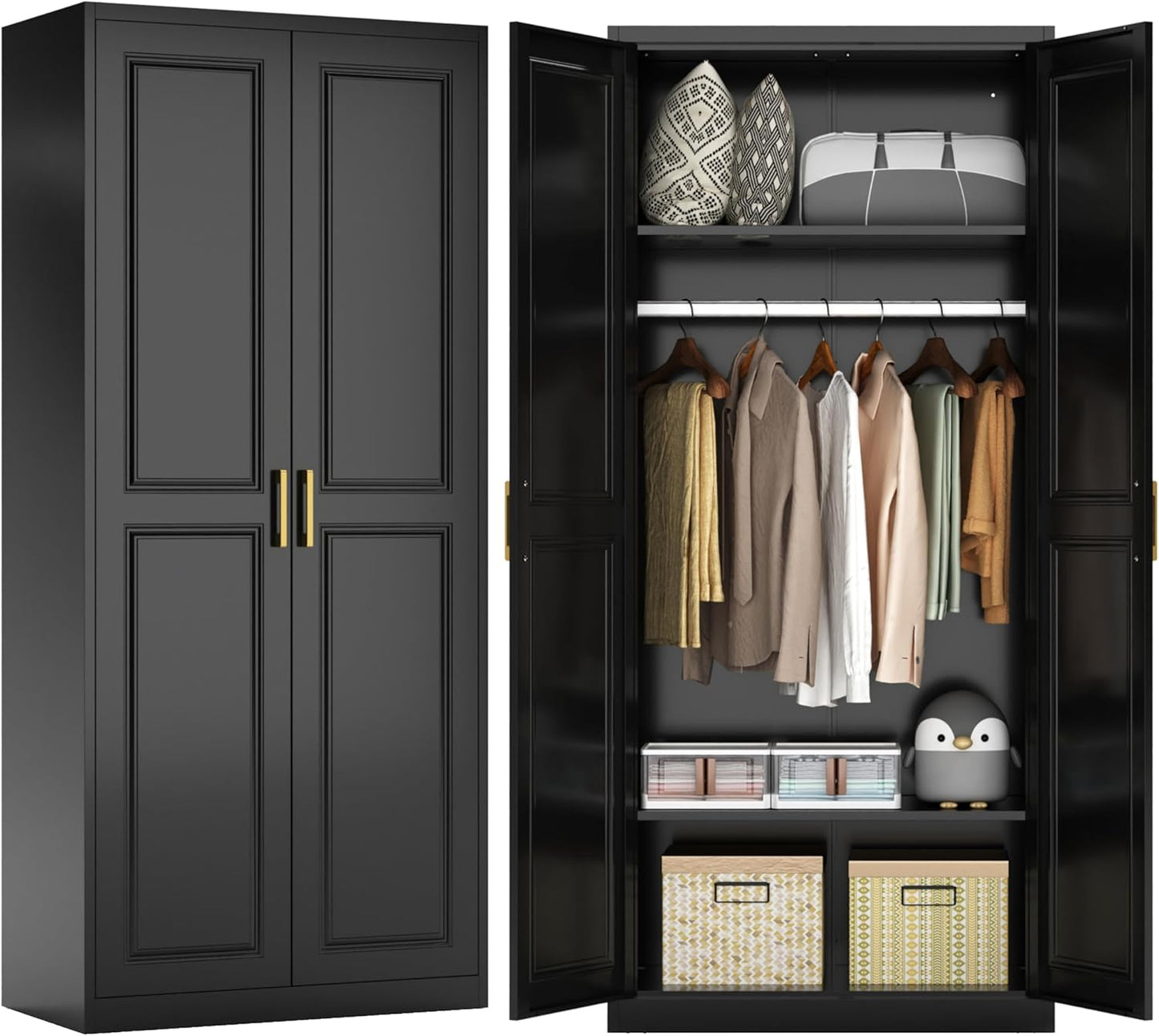 71" Metal Armoire Wardrobe Closet with 2 Doors, Tall Wardrobe Cabinet with Hanging Rod and Adjustable Shelves, Black Clothing Storage Cabinets for Bedroom, Laundry Room, Home Office