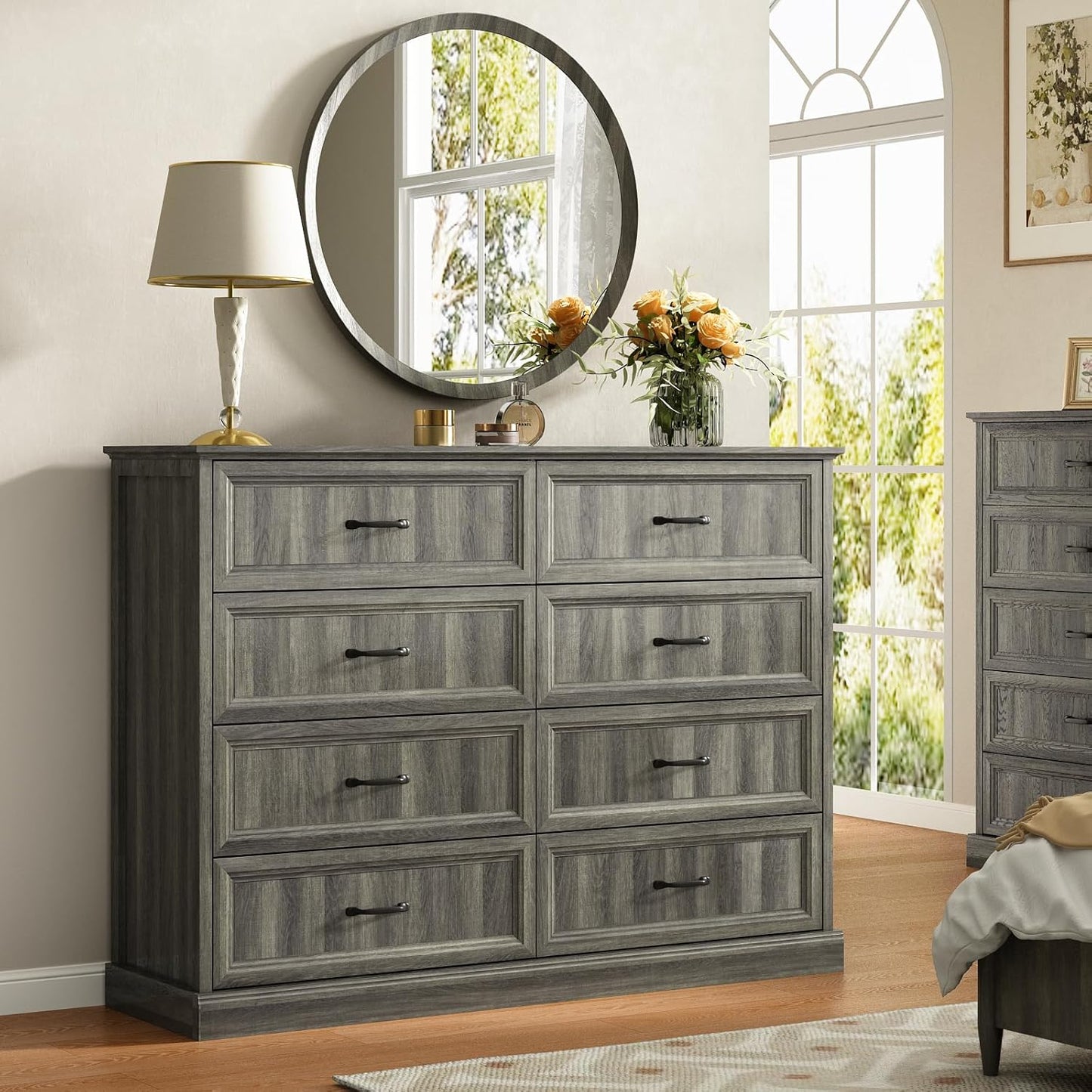 CARPETNAL Farmhouse 8 Drawer Dresser for Bedroom, 55 Inch Wide Modern Grey Dresser TV Stand with Large Drawers & Bar Handles, Rustic Wood Chest of Drawers for Bedroom, Living Room, Hallway, Entryway.