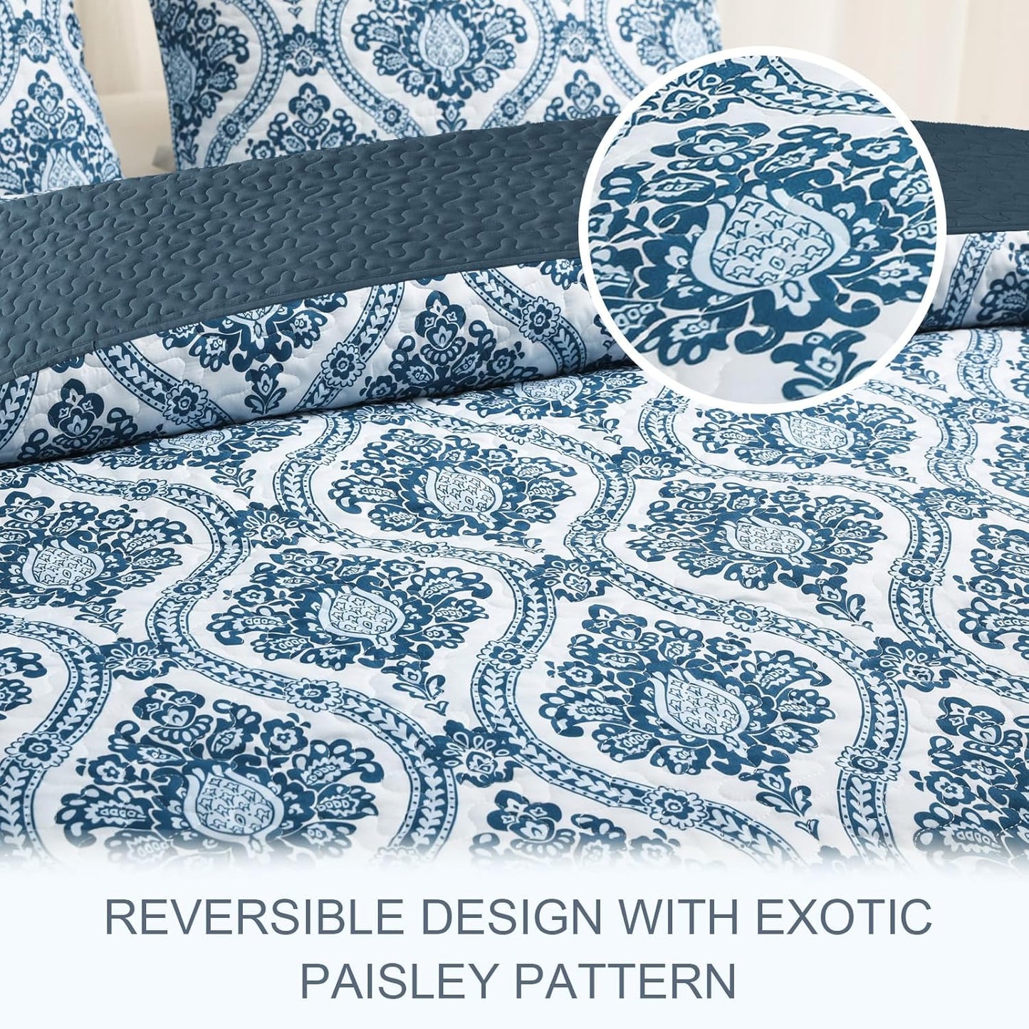 Exclusivo Mezcla Reversible Boho Quilt Set Queen Size, 3 Pieces Damask Blue All Season Bedspreads, Ultra Soft Floral Coverlet Bedding Set with Printed Pattern (1 Quilt, 2 Pillow Shams)
