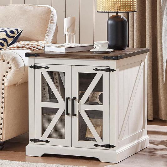24" End Table with Charging Station, Farmhouse Night Stand with Glass Barn Door, White Nightstands with Adjustable Storage Shelf, Large Wood Square Bed Side Table for Living Room,Bedroom