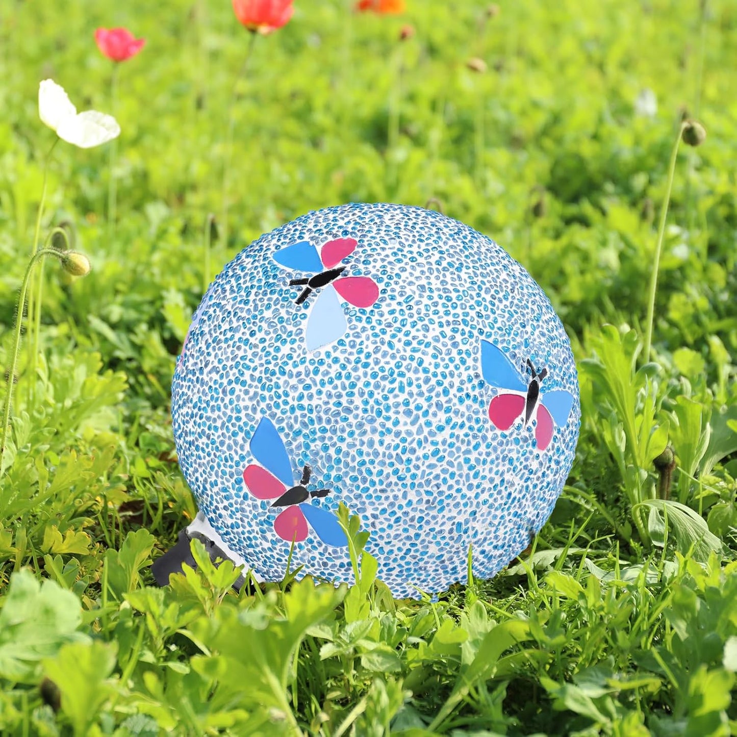 Gazing Ball 8 Inch Butterfly Glass Mosaic Garden Globe Outdoor Gazing Globe Yard Ornament for Garden Yard Home Lawn Outdoor Decoration Gift for Women (Not Solar Powered)