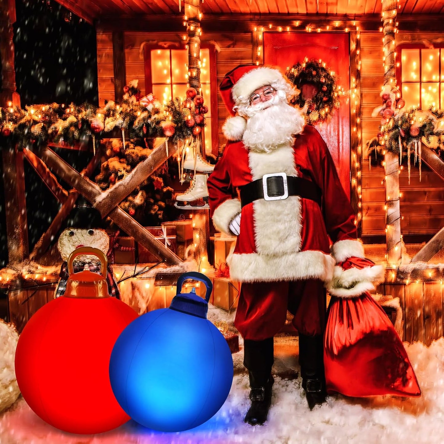 Jetec 3 Pcs Outdoor Light Up Christmas Ball Decorations Large Christmas Inflatable PVC Decorated Balls with Light 24 Inch,18 Inch Xmas Ornaments for Yard Lawn Porch(Red, Blue, Green)