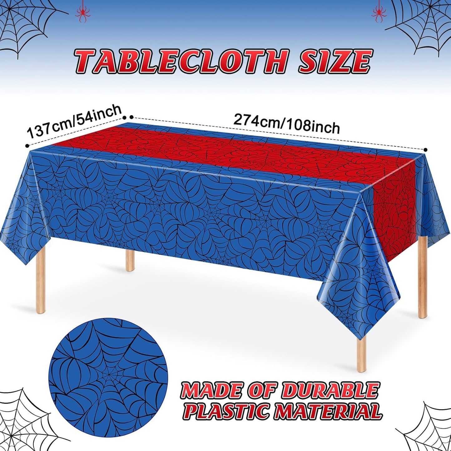 4Pcs Spider Web Themed Birthday Party Tablecloths Decorations,Mix Blue and Red Hero Plastic Table Cover Disposable Rectangle Table Cloth for Baby Shower Kids Boys Birthday Party Supplies,54x108 Inch
