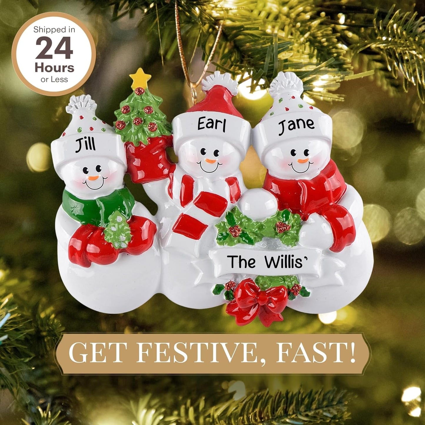 Personalized Family of 3 Ornament 2025 | Free 24h Customization | Laser Engraved Snowman Christmas Ornaments for Tree | Custom Gift Wrapped Festive Holiday Keepsake for Three Persons