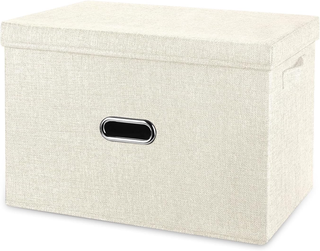 Large Linen Fabric Foldable Storage Bins with Removable Lid and Handles, Washable Storage Box Organizer Containers Baskets Cube with Cover for Bedroom,Office(Cream, Small)