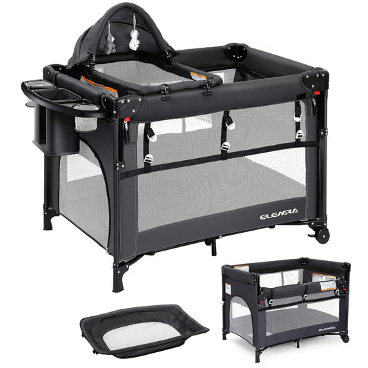 ELEMARA 5 in 1 Pack and Play, Adjustable Baby Bedside Bassinet Sleeper,1-Second Setup Foldable Playard from Newborn to Toddles,Bedside Crib with Changing Table,Portable Travel Bassinet,Ziper Door,Gray