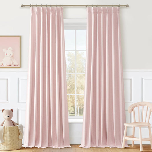 Pink Blackout Thick Linen Drapes 108 Inches Long 2 Panels Set for Bedroom, Extra Long Pinch Pleated Floor to Ceiling Boho Curtains Room Darkening Privacy Ceiling Track Burg for 108 Inch Large Windows
