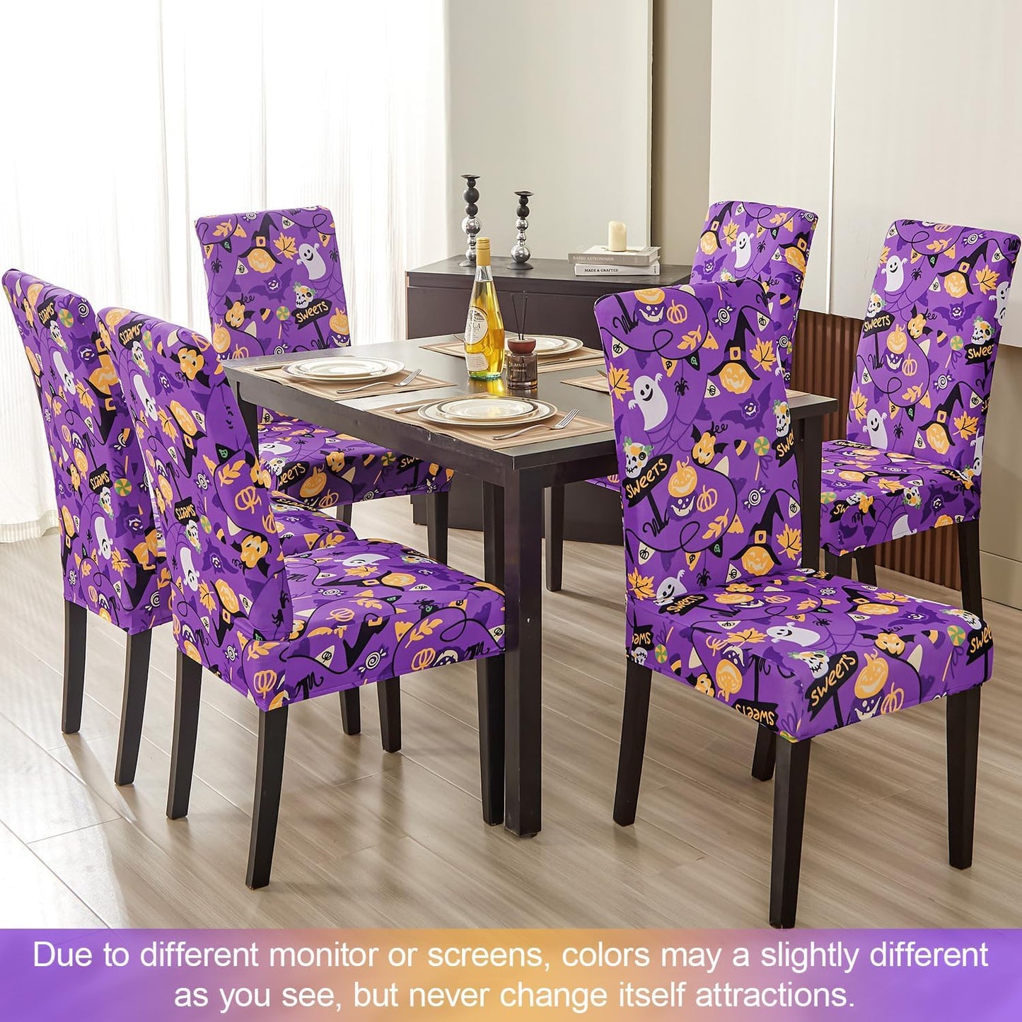 JQinHome Purple Halloween Chair Slipcover, Spider Web Chair Covers Set of 6, High Stretch Washable Chair Protector Cover for Dining Room, Kitchen,Home Party,Wedding Ceremony(Purple Candy,6PC)