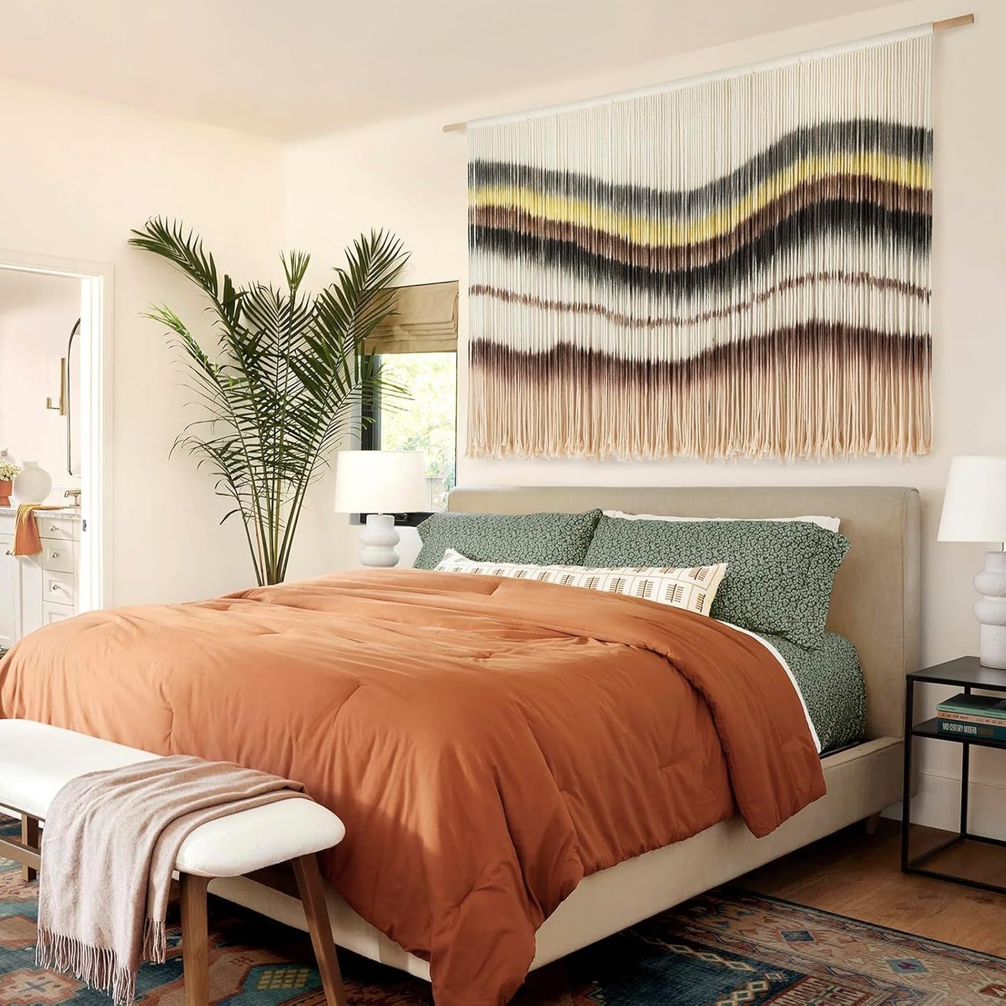 Macrame Wall Hanging Boho Chic Wall Art Macrame Wall Decor Fiber Yarn Tapestry Dip-Dye Living Room Home Bedroom Wall Decor 57" Wx 35" L