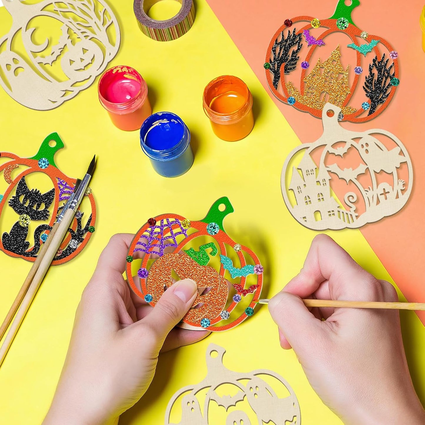 80PCS Wooden Halloween Decoration Pumpkins Ornaments to Paint Happy Halloween Cutouts Unfinished, DIY Blank Unfinished Ghost Spider Web Black Cat Trick or Treat Boo Ornament for Home Crafts Hanging