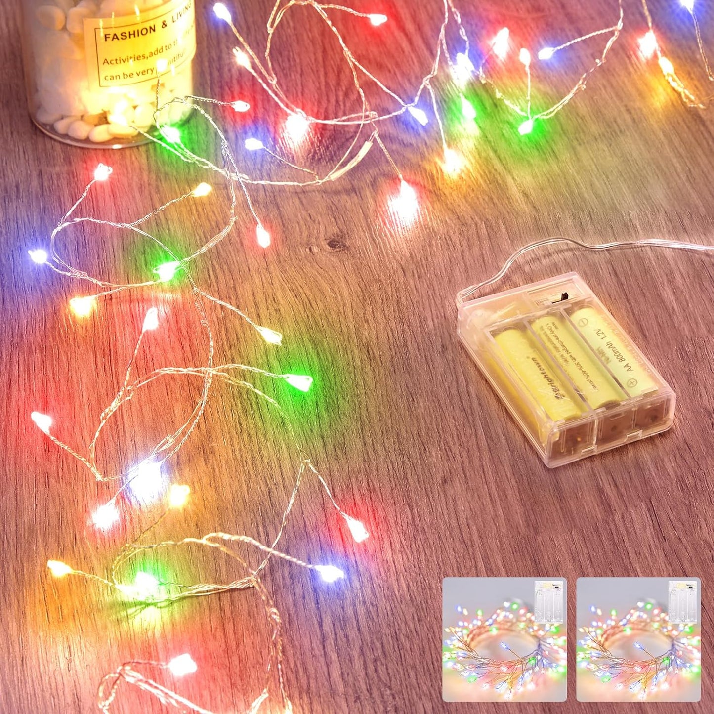 2 Pack Fairy Lights Battery Operated, String Lights Waterproof Silver Wire 5 Feet 60 Led Firecracker Starry Lights for DIY Wreath Wedding Party Bedroom Mason Jar Holiday Christmas Decor, Multicolor