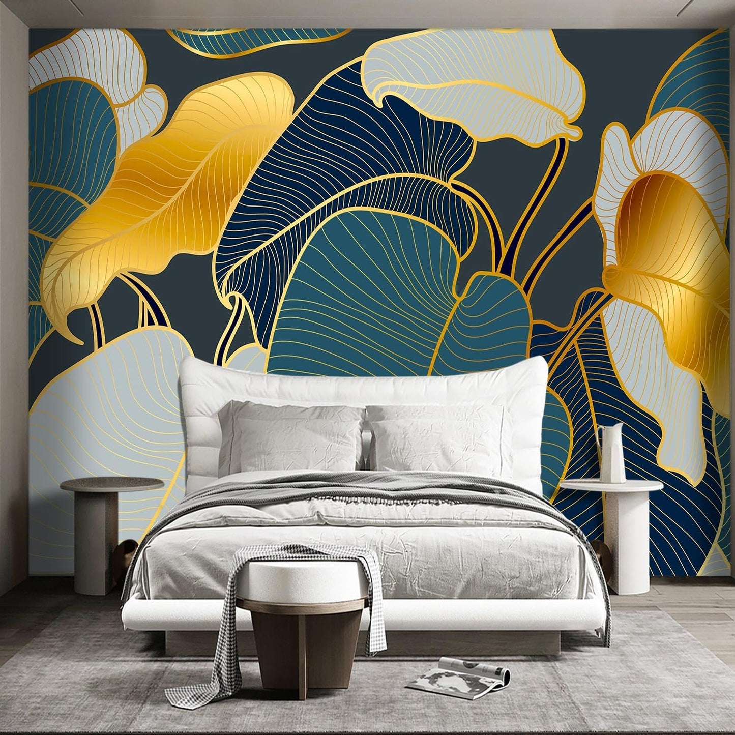 Golden Botanical Leaf wallpeper Living Room Bedroom Wall Mural - 160"x108"（Not Peel and Stick）