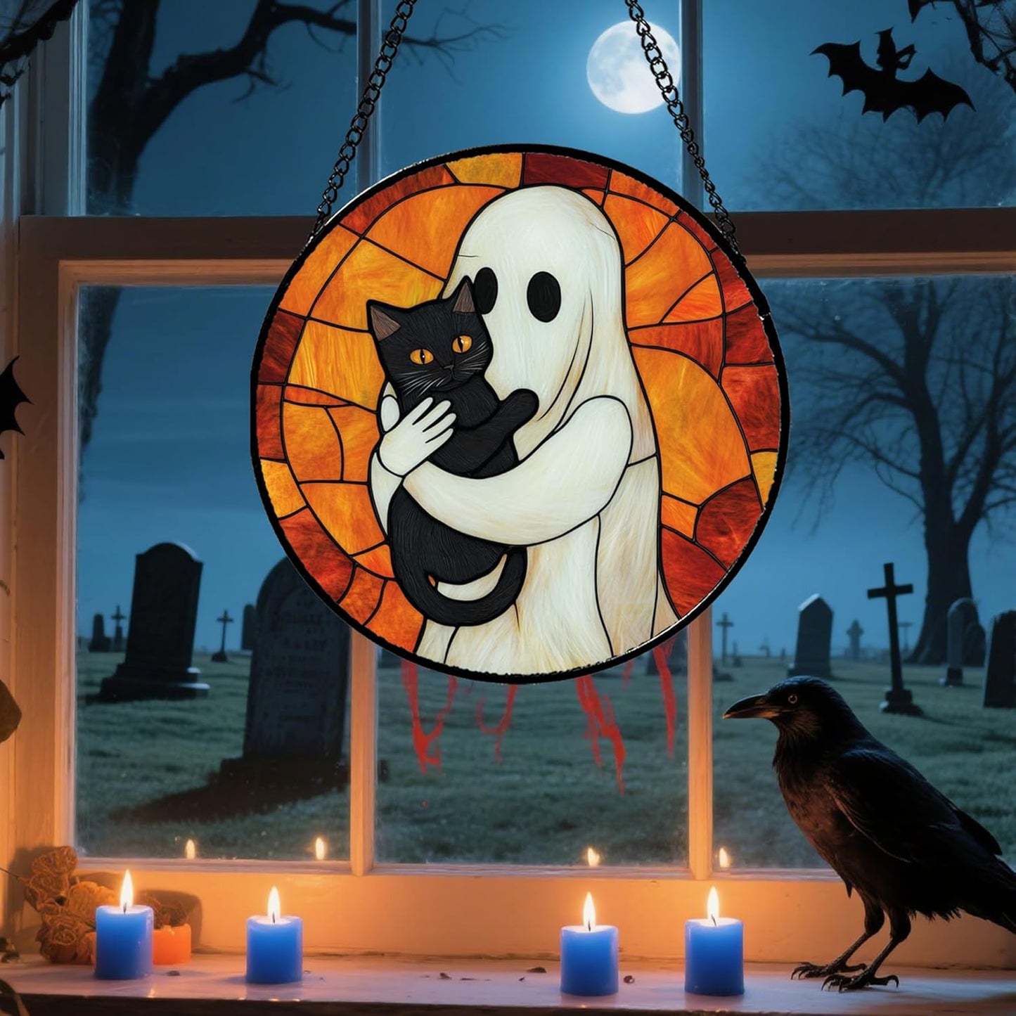 Stained Glass Window Hanging - Halloween Decorations White Ghost Black Cat Suncatcher for Doors Garden Spooky Funny Orange Sun Catchers Gothic Decor Horror Gifts for Women Men Friend 11.8 in