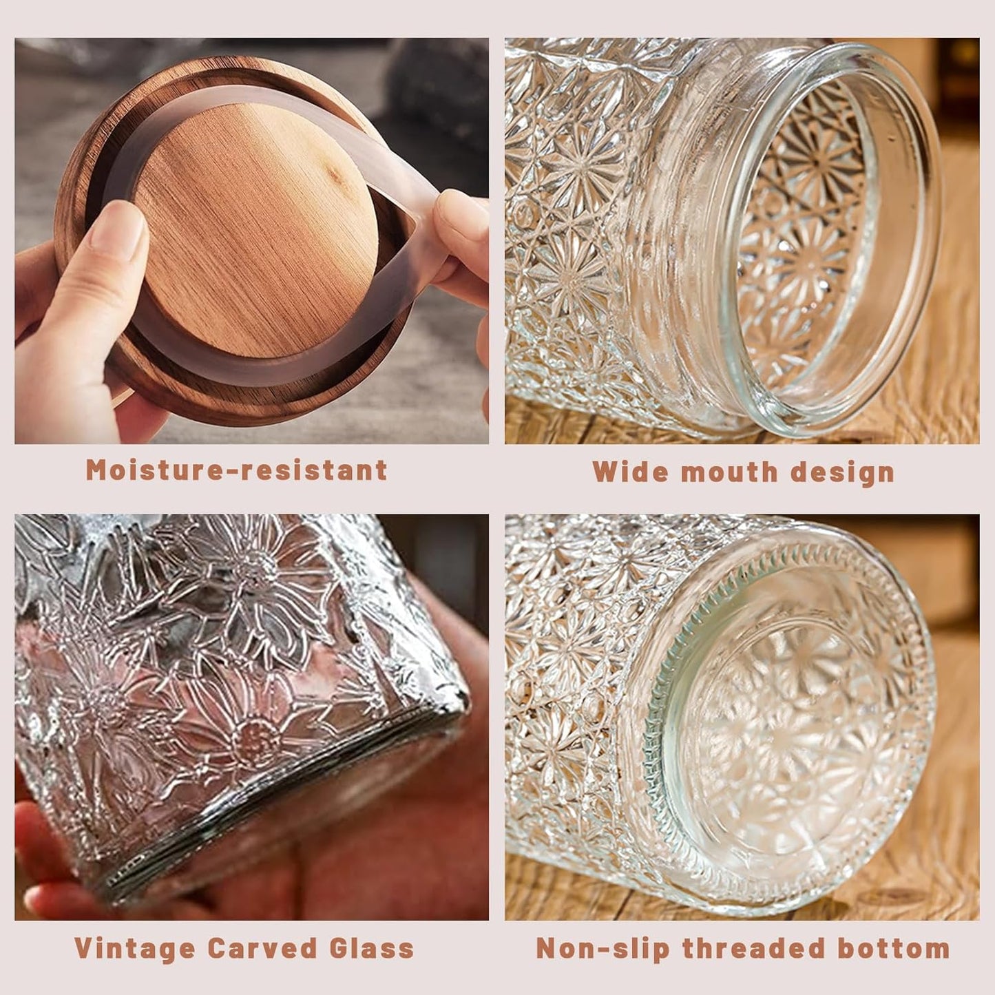 Vintage Glass Jars with Wooden Lids, 24 oz Airtight Glass Food Storage Containers Sets for the Kitchen, Sugar Coffee Tea Cookie Candy Spice Pasta