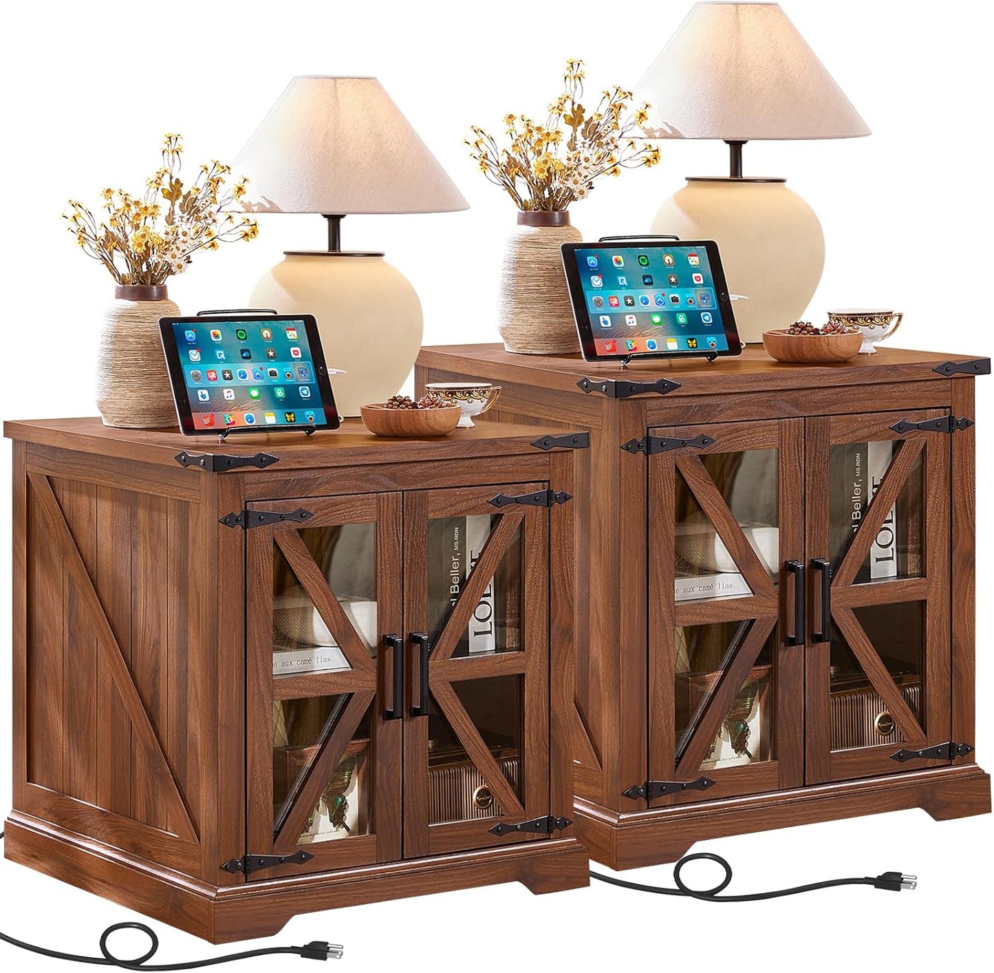 24" End Table Set of 2 with Charging Station, Farmhouse Night Stand with Glass Barn Door, Nightstands with Adjustable Storage Shelf, Large Wood Square Bed Side Table for Living Room,Bedroom