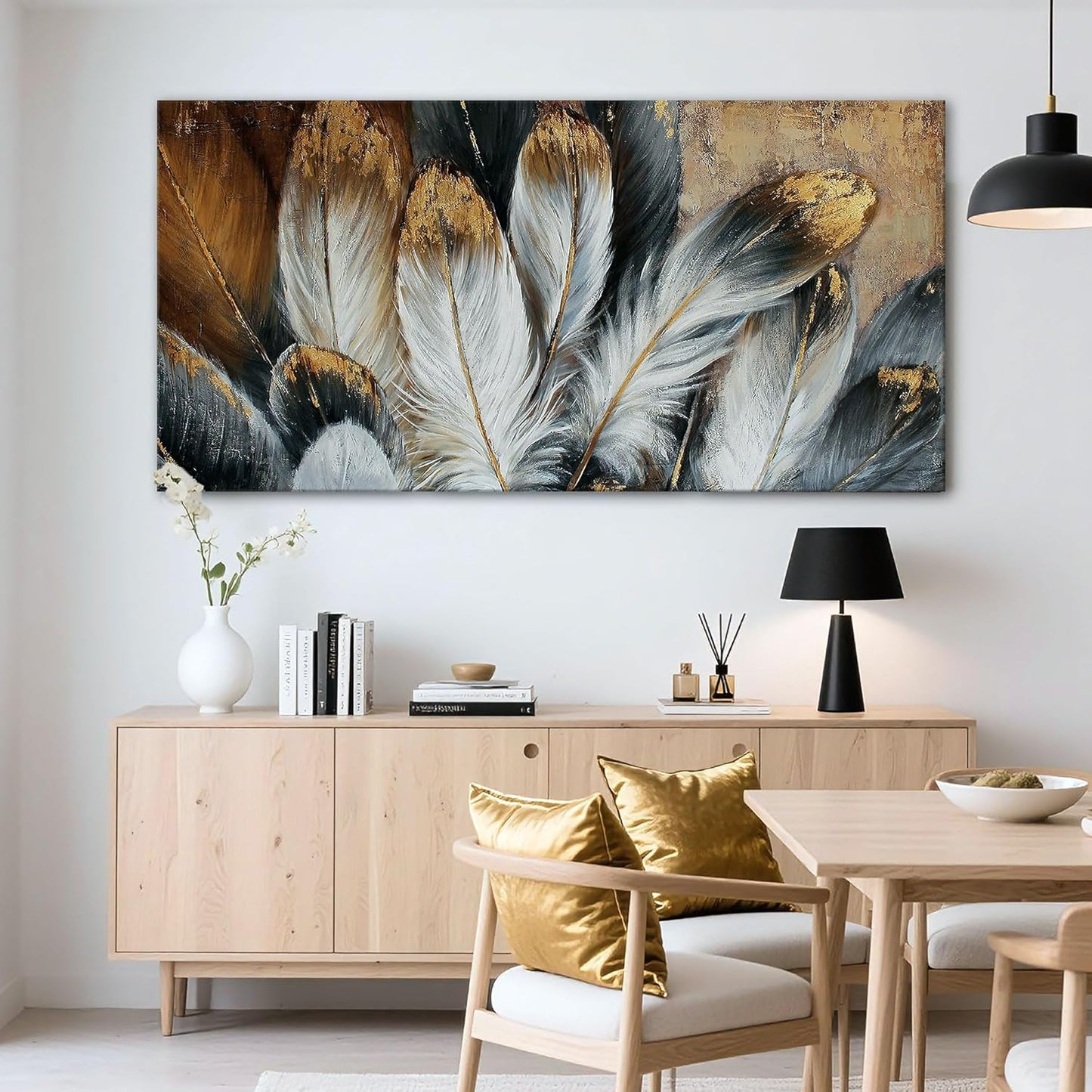 Feather Canvas Wall Art Modern Living Room Bedroom Wall Decoration Large Giclee Print Canvas Painting Artwork for Home Decor One Piece White Gold Brown Feather Picture Ready to Hang 58x29 Size