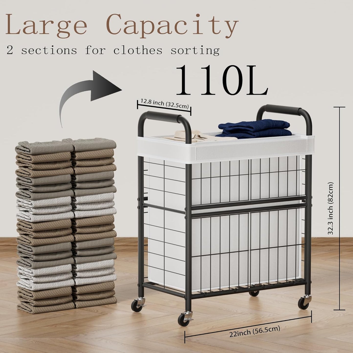 Laundry Hamper 2 Section, 110L Rolling Laundry Sorter Basket with Wheels, 2 Compartment Clothes Organizer Cart, Pull-Out Removable Bags for Laundry Room, Bathroom, Bedroom, White