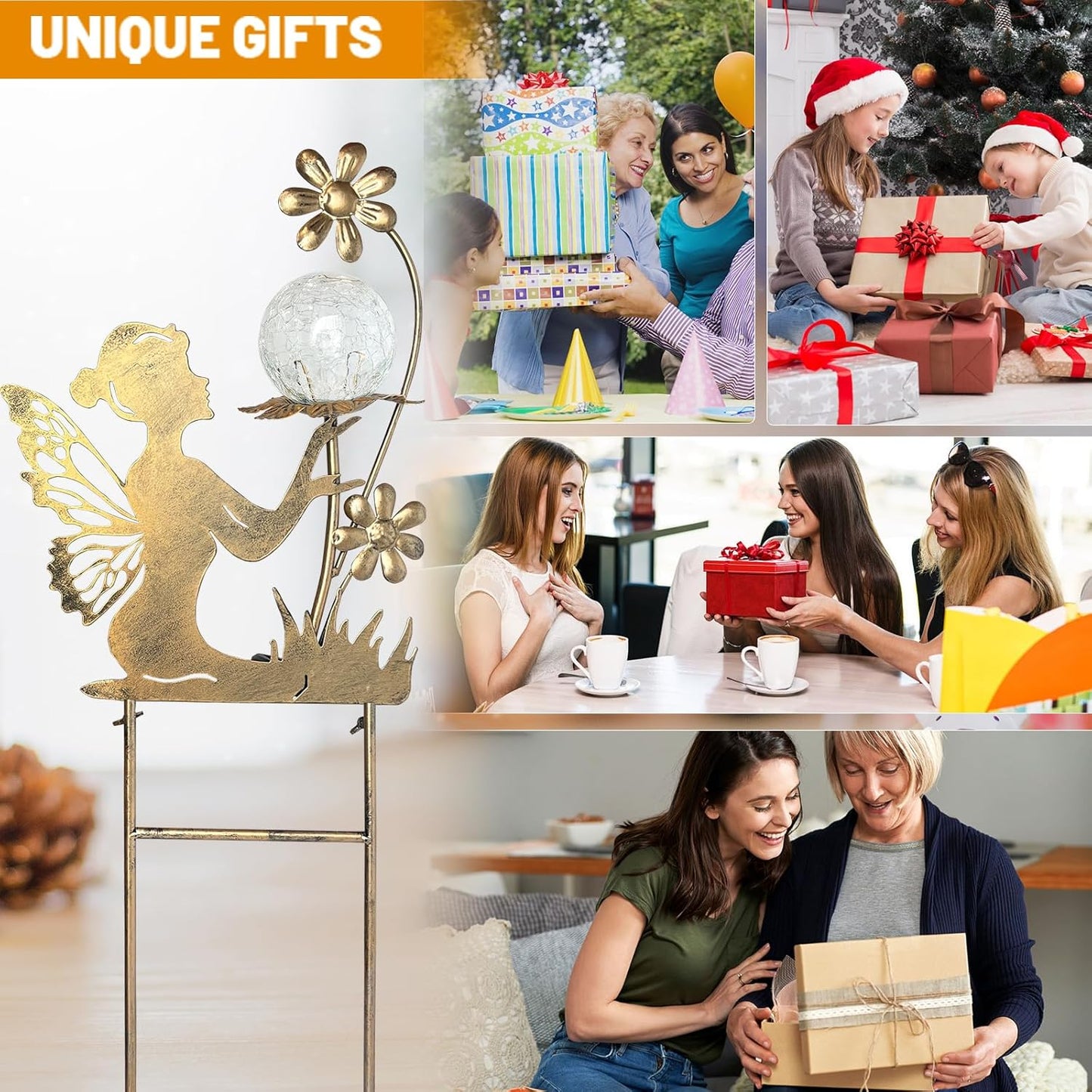 HONGLAND Solar Garden Lights Outdoor Decor, Fairy Figurine Moon Crackle Glass Lights Stake, Housewarming Ornament for Patio, Lawn, Yard, Pathway - Unique Gardening Gifts for Women Mom Grandma