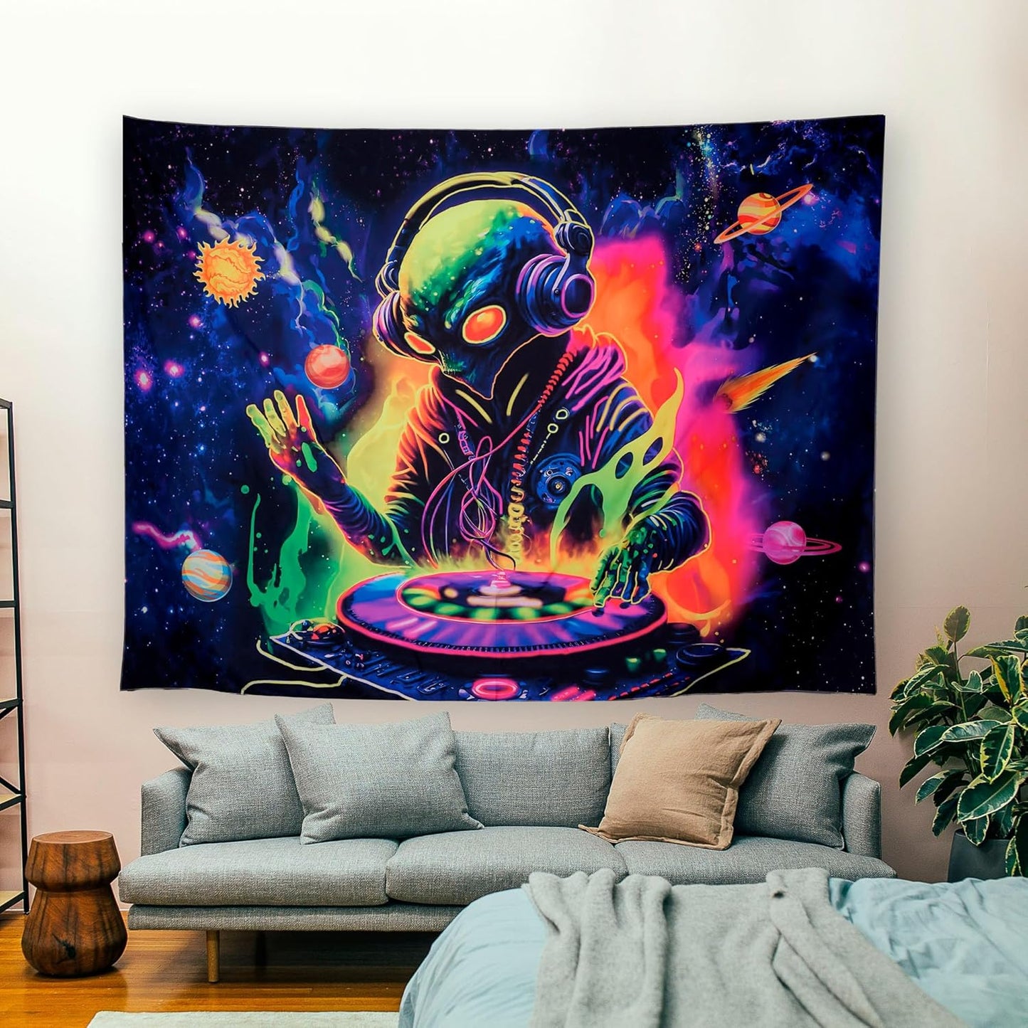 OSVINO Blacklight Alien Tapestry 90"x70" UV Reactive Alien DJing Wall Hanging Art Bedroom Decor Moon and Sun Planets Posters Wall Hanging Hippie Decor