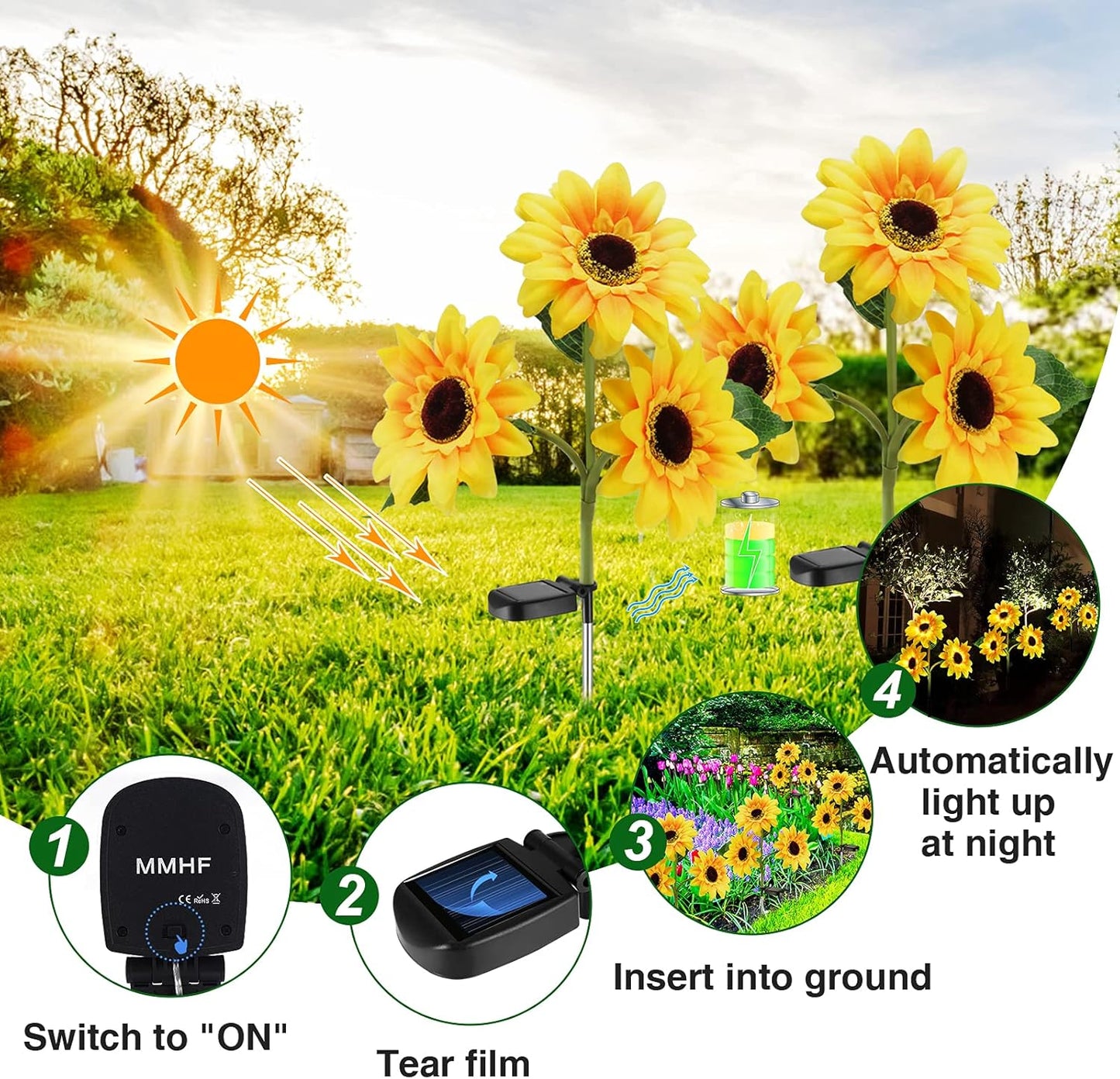 Outdoor Solar Garden Stake Lights,Upgraded LED Solar Powered Light with 3 Sunflower, Waterproof Solar Decorative Lights for Garden, Patio, Backyard (2 Pack 6 Flower)