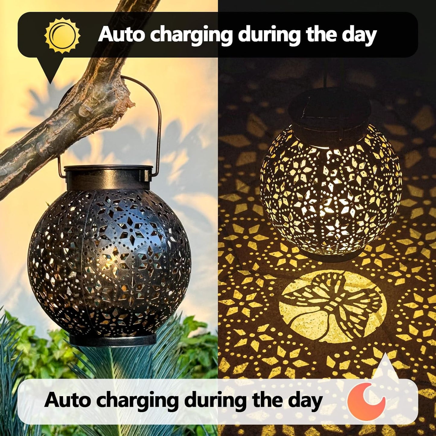 2 Pack Outdoor Solar Lantern Lights, Waterproof Tabletop LED Moroccan Lanterns, Hanging Metal Decorative Garden Lights for Patio, Lawn, Porch, Backyard