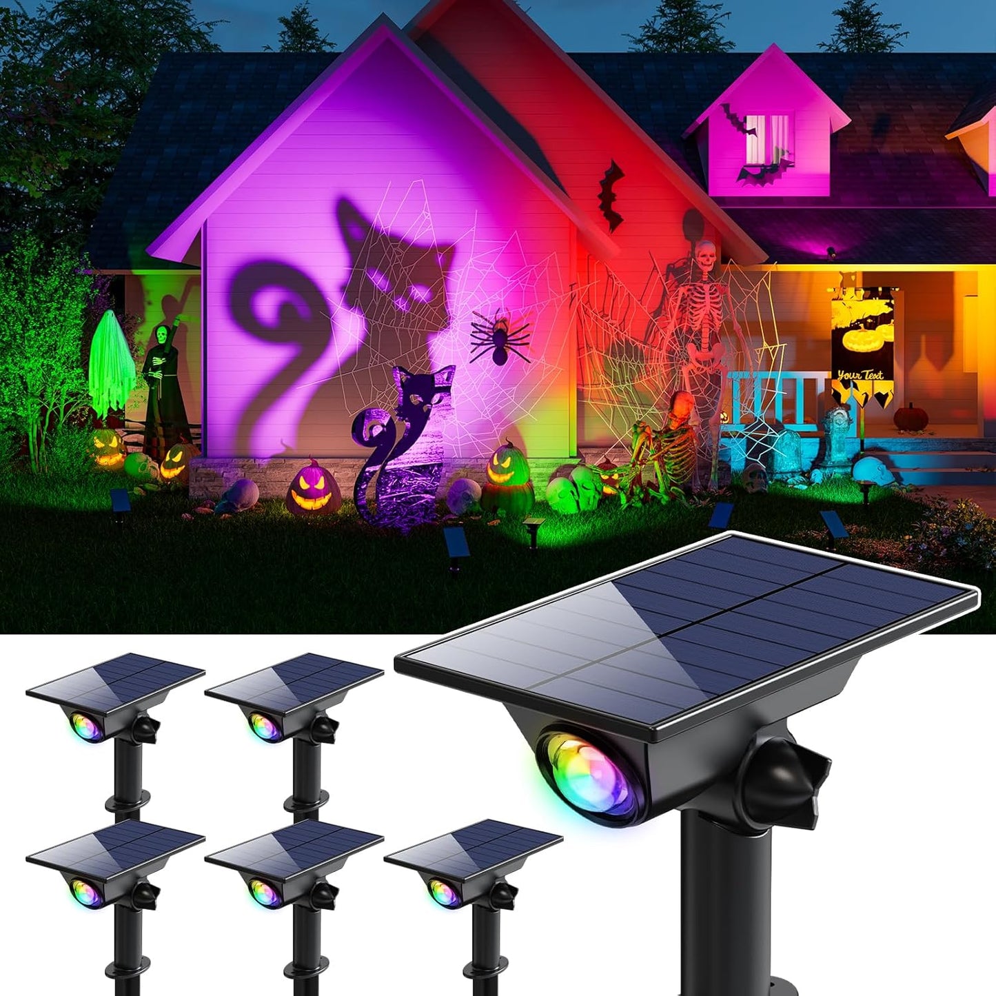 6 Pack Color Changing Solar Power Spot Lights for Halloween Decorations, Skeletons, Tombstones, Ghost, Outdoor Waterproof LED Landscape Spotlight Lamp for Outside Yard, Tree, Flag, Garden, Statues