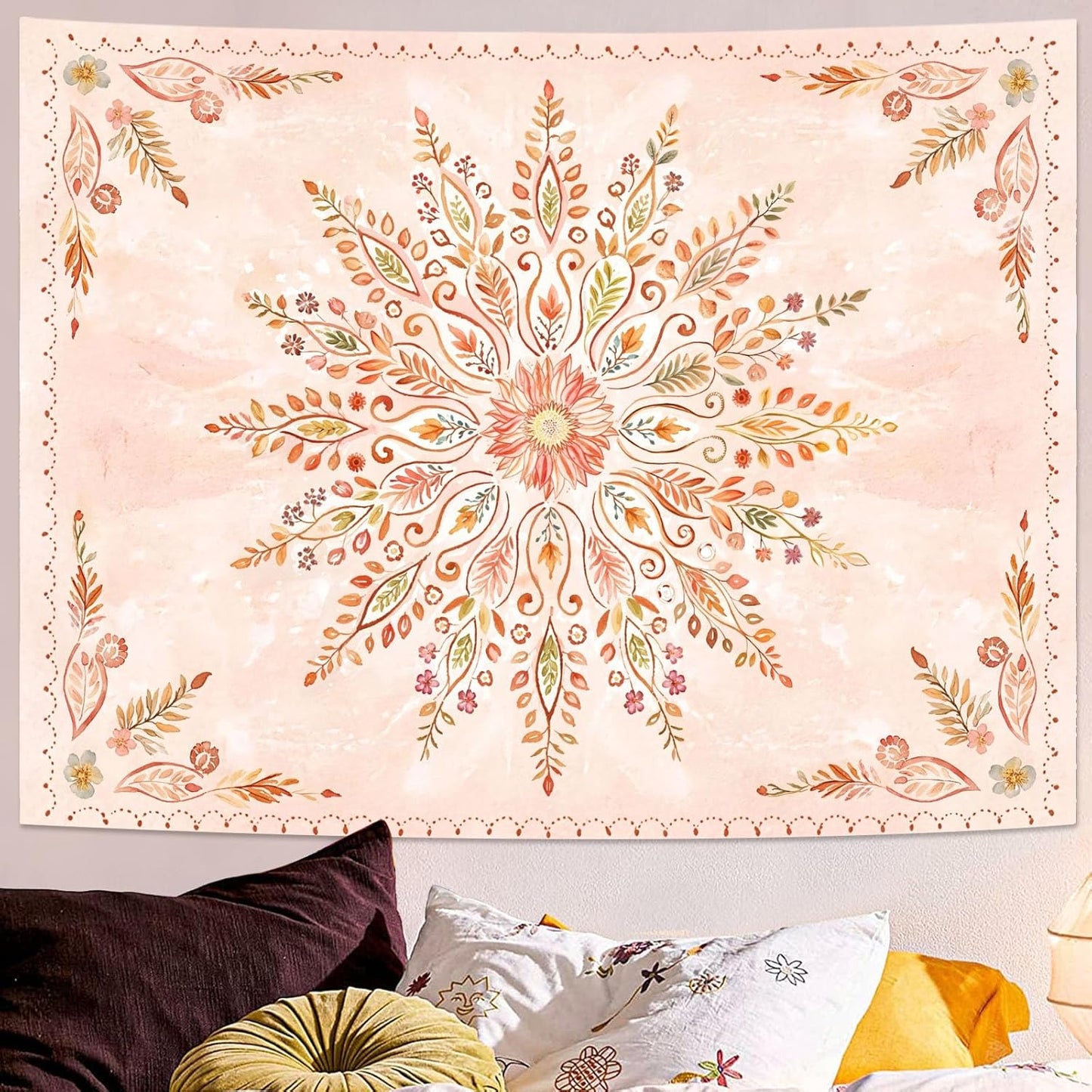 Lunerfex Floral Mandala Tapestry Boho Tapestry for Bedroom Orange Tapestries Wall Hanging Living Room Wall Art and Home Decor 70x90
