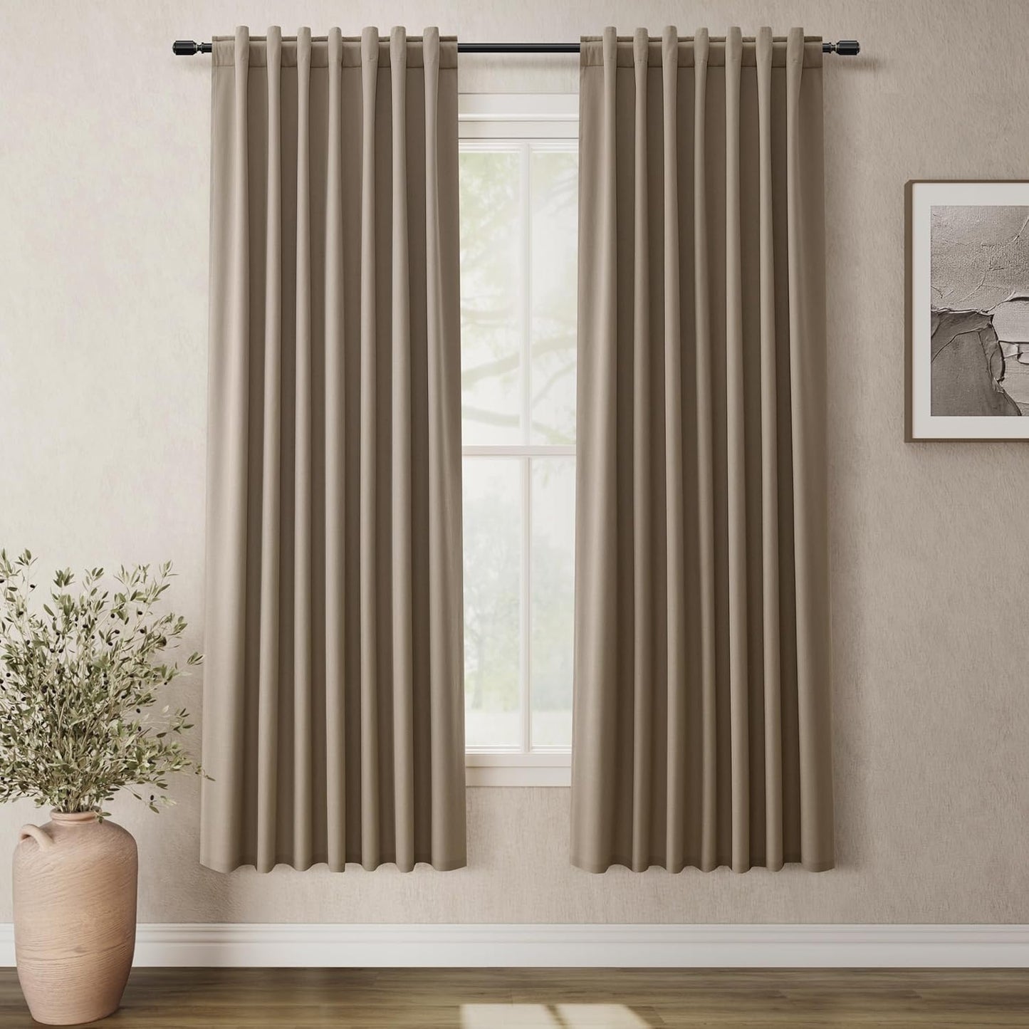 BOODII Linen Blackout Curtains for Bedroom 72 Inch Length 2 Panels Set Room Darkening Curtains Dark Brown Black Out Curtain Neutral Thermal Insulated Living Room Nursery Drapes Back Tab 52x72