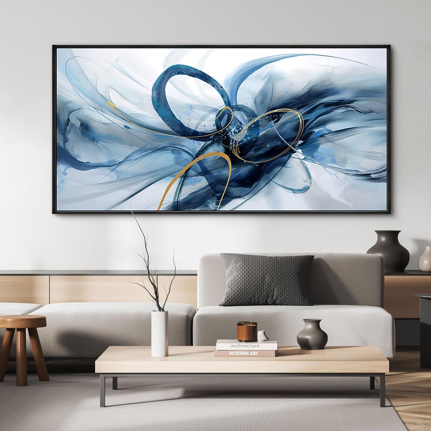 XLSJERST Frame Wall Art - Modern Abstract Canvas Wall Art Blue and White Picture Artwork for Office Bedroom Home Decoration