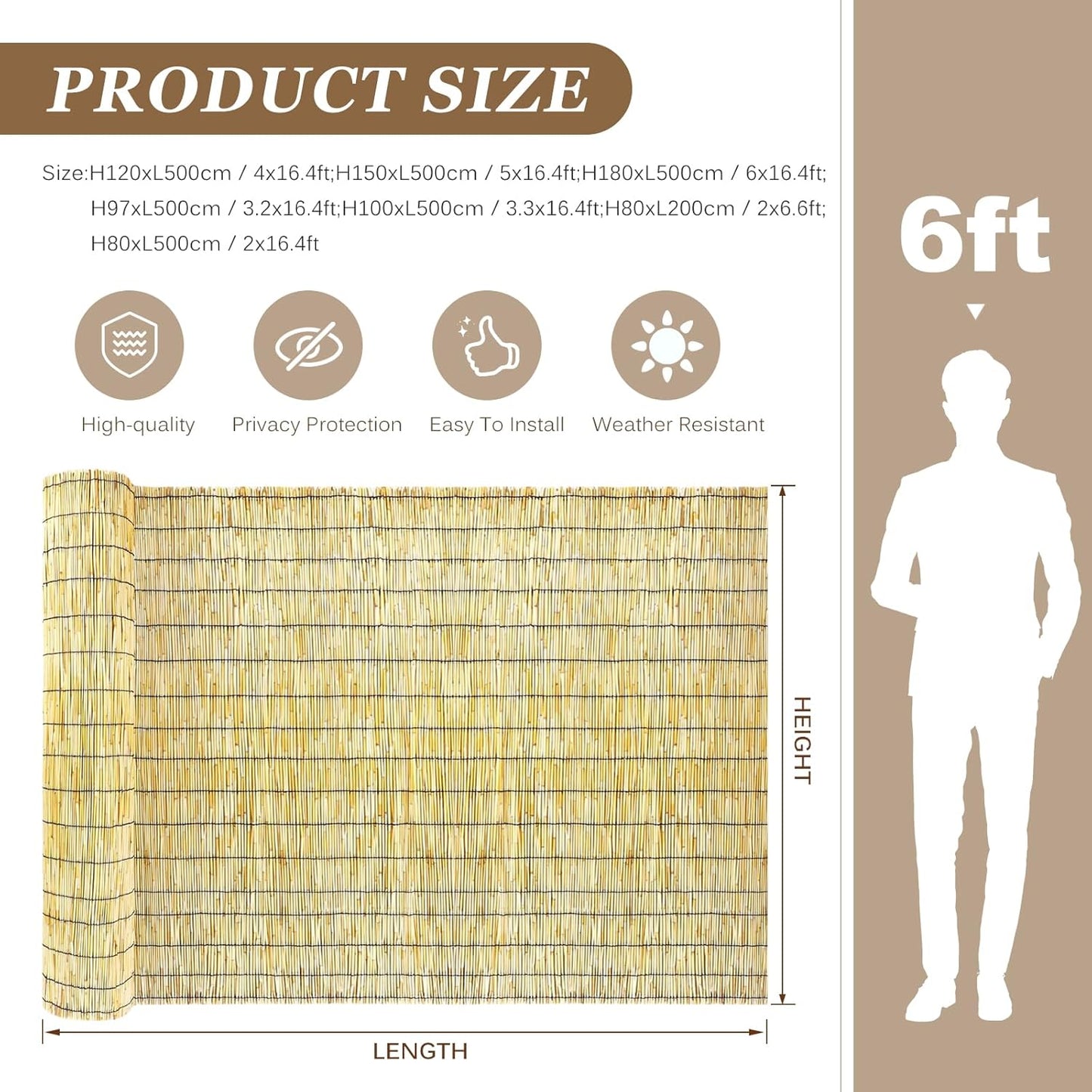 Natural Reed Fencing Rolls: Privacy Bamboo Fence 3/4/5/6ft High Roll Reed Screen, Decorative Bamboo Fencing for Outdoor Balcony Patio Garden Backyard,with Cable Zip Ties(Nature, 3x10ft)