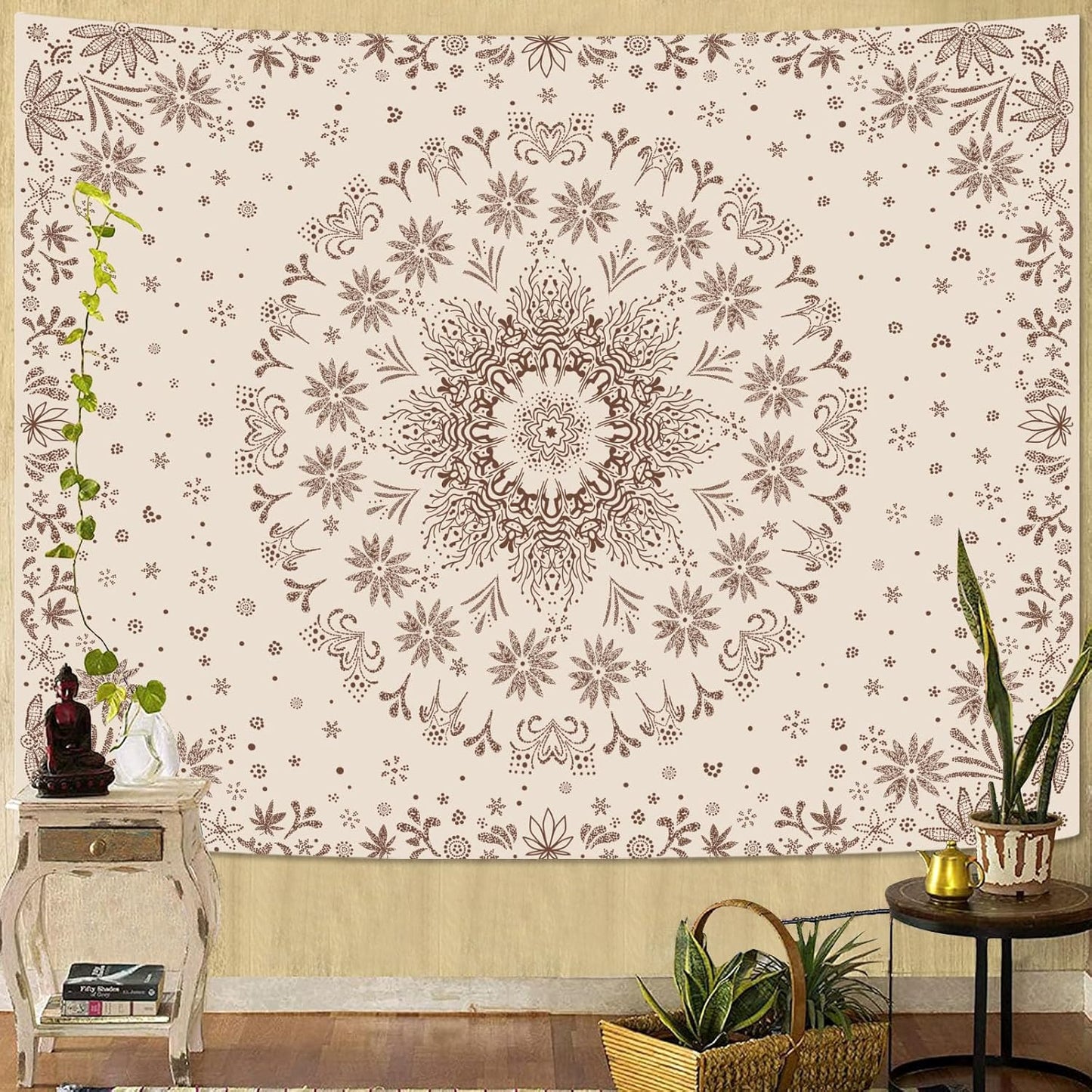Fowocu Boho Floral Mandala Tapestry Wall Hanging Bohemian Flower Medallion Tapestry Aesthetic Beige Brown Hippie Indian Small Tapestries for Bedroom Living Room Dorm Decor 90 x 68 Inch