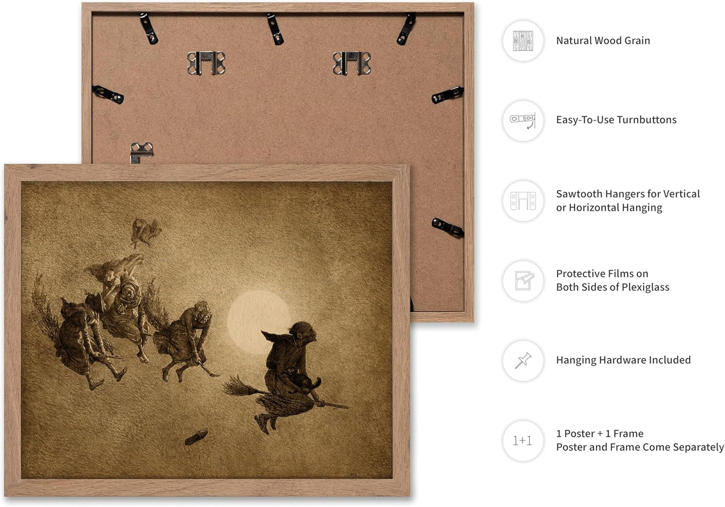 Poster Master Vintage William Holbrook Beard Poster - Retro Occult Print - Gift for Gothic, Horror Fan - The Witches Ride, Pagan, Goth, Magic - Wall Decor for Bedroom, Dorm, 16x20 Beige Framed