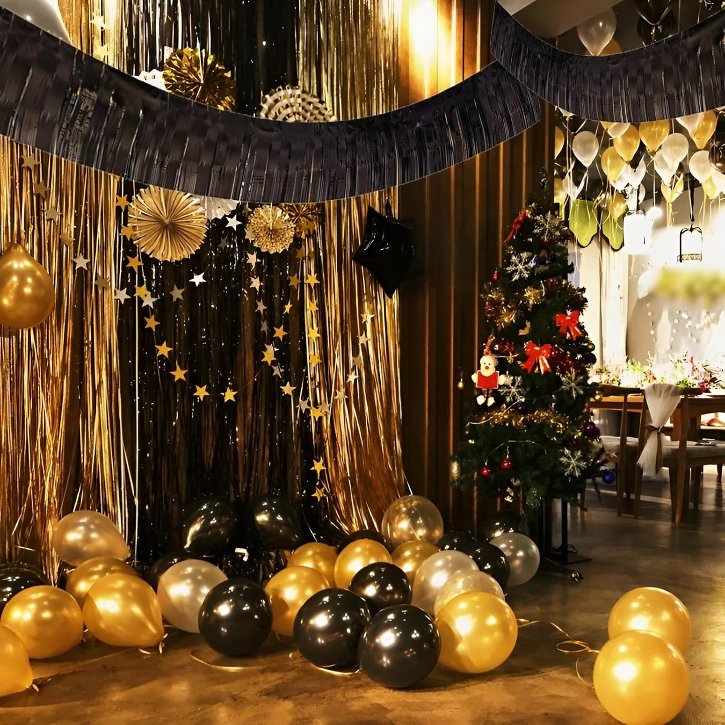 Black Foil Fringe Garland 10FT 6packs, Metallic Foil Tinsel Fringe Banners for Parade Float Decorations Wedding, Birthday Party Graduation (six Black)